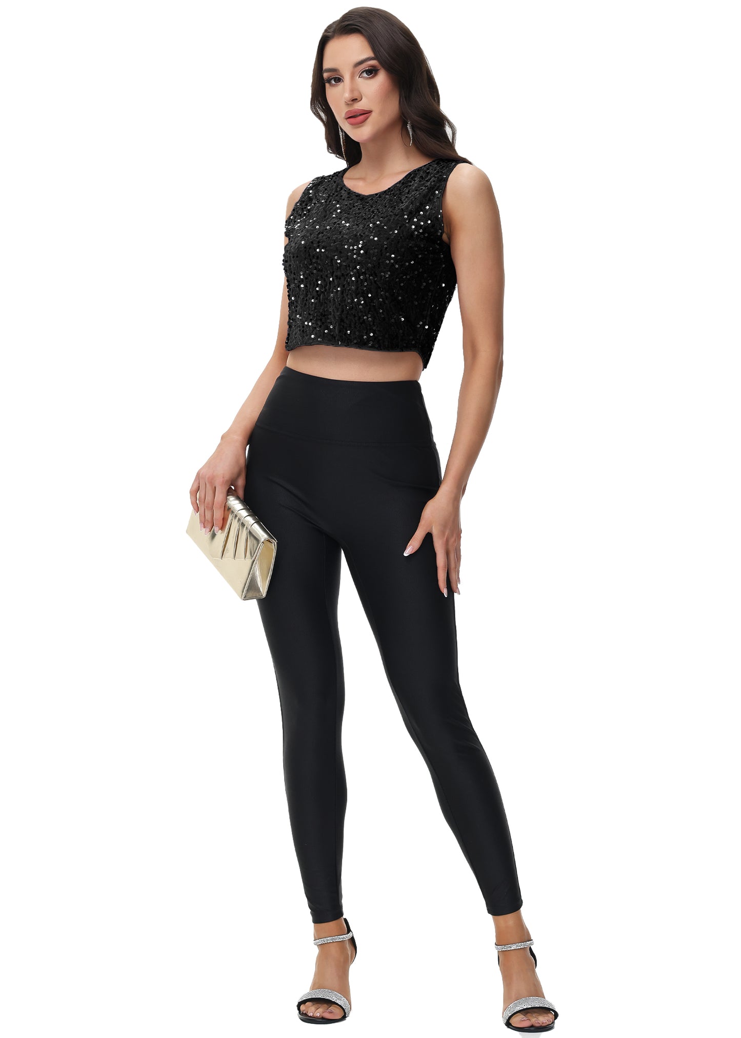 Anna-Kaci Women's Sequin Sleeveless Tops Sparkle Glitter Crew Neck Club Party Nightout Crop Tank Top