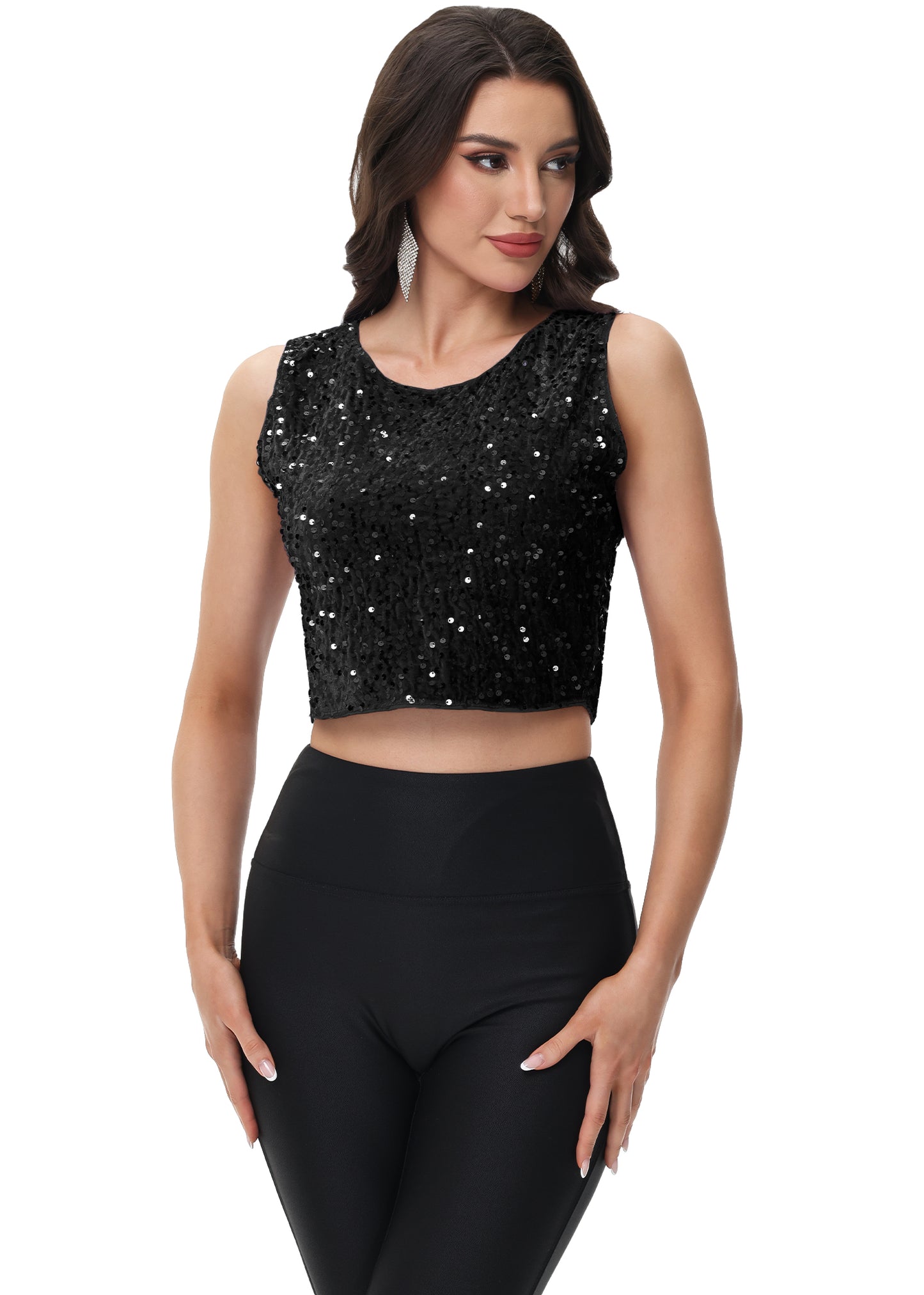 Anna-Kaci Women's Sequin Sleeveless Tops Sparkle Glitter Crew Neck Club Party Nightout Crop Tank Top