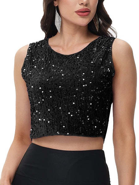 Anna-Kaci Women's Sequin Sleeveless Tops Sparkle Glitter Crew Neck Club Party Nightout Crop Tank Top
