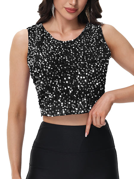 Anna-Kaci Women's Sequin Sleeveless Tops Sparkle Glitter Crew Neck Club Party Nightout Crop Tank Top
