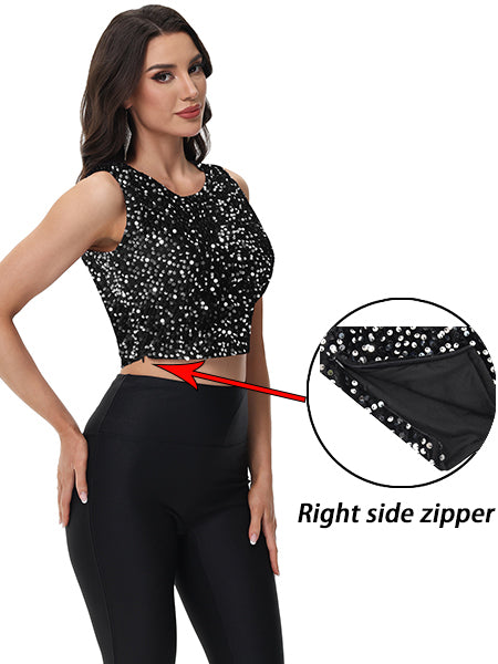 Anna-Kaci Women's Sequin Sleeveless Tops Sparkle Glitter Crew Neck Club Party Nightout Crop Tank Top
