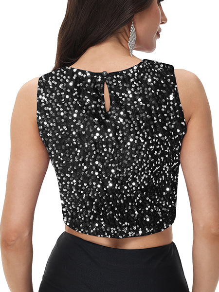 Anna-Kaci Women's Sequin Sleeveless Tops Sparkle Glitter Crew Neck Club Party Nightout Crop Tank Top