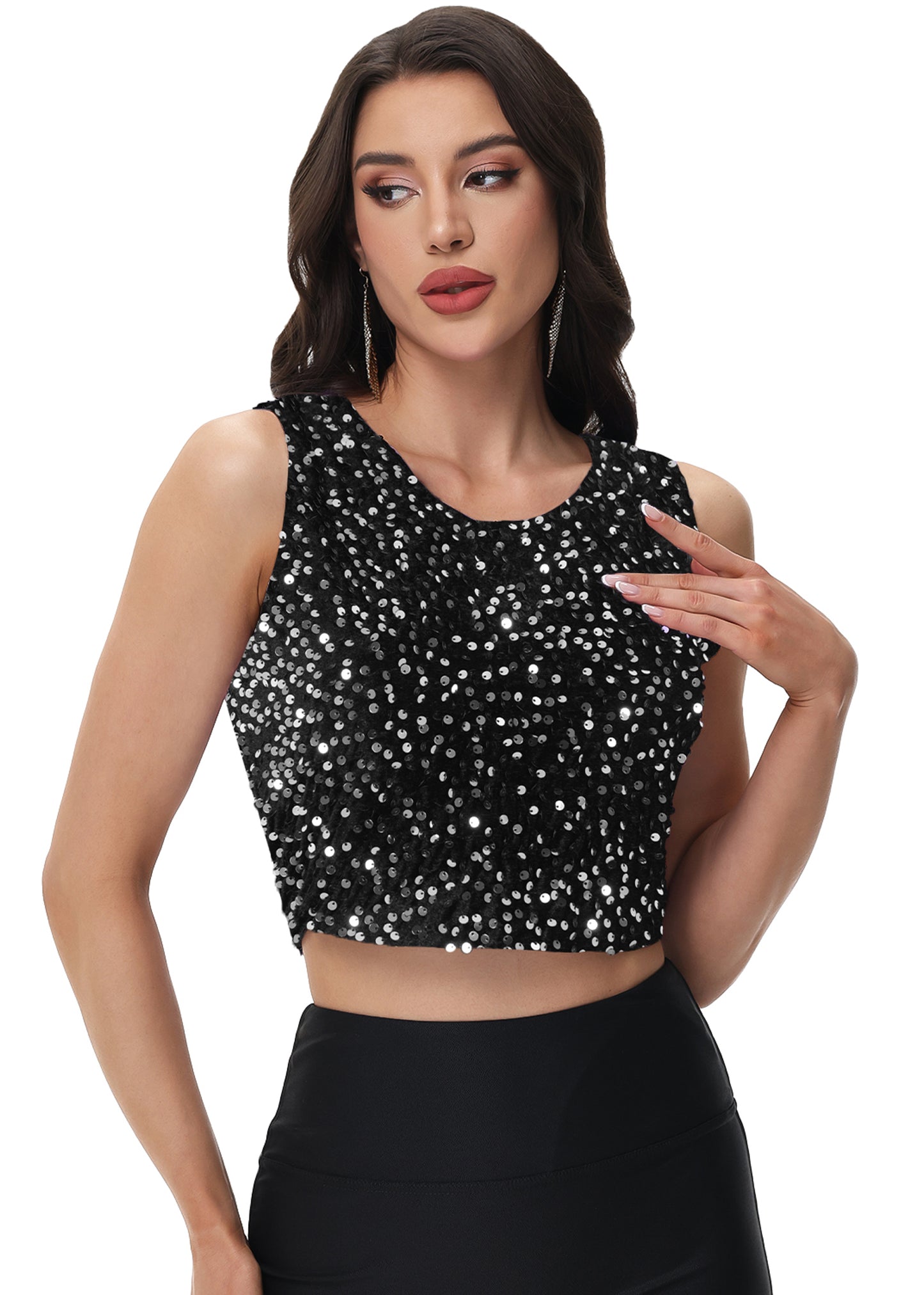 Anna-Kaci Women's Sequin Sleeveless Tops Sparkle Glitter Crew Neck Club Party Nightout Crop Tank Top