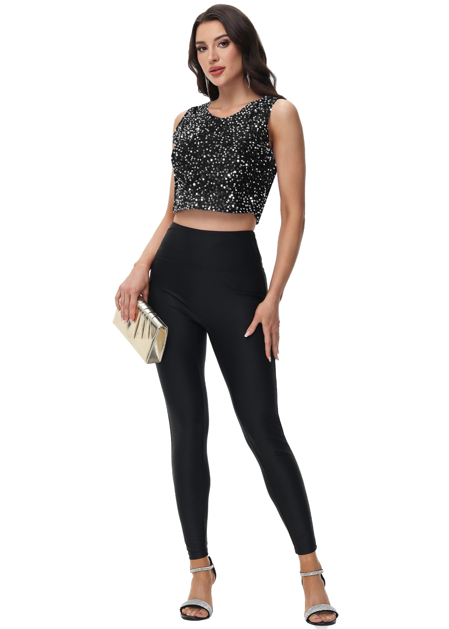 Anna-Kaci Women's Sequin Sleeveless Tops Sparkle Glitter Crew Neck Club Party Nightout Crop Tank Top