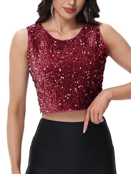 Anna-Kaci Women's Sequin Sleeveless Tops Sparkle Glitter Crew Neck Club Party Nightout Crop Tank Top