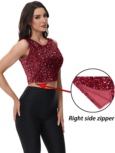 Anna-Kaci Women's Sequin Sleeveless Tops Sparkle Glitter Crew Neck Club Party Nightout Crop Tank Top