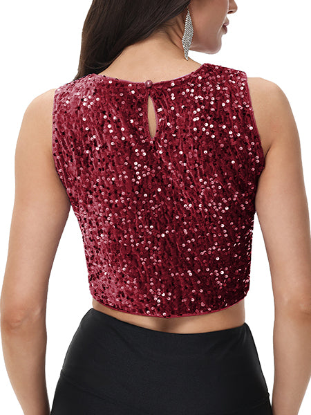Anna-Kaci Women's Sequin Sleeveless Tops Sparkle Glitter Crew Neck Club Party Nightout Crop Tank Top