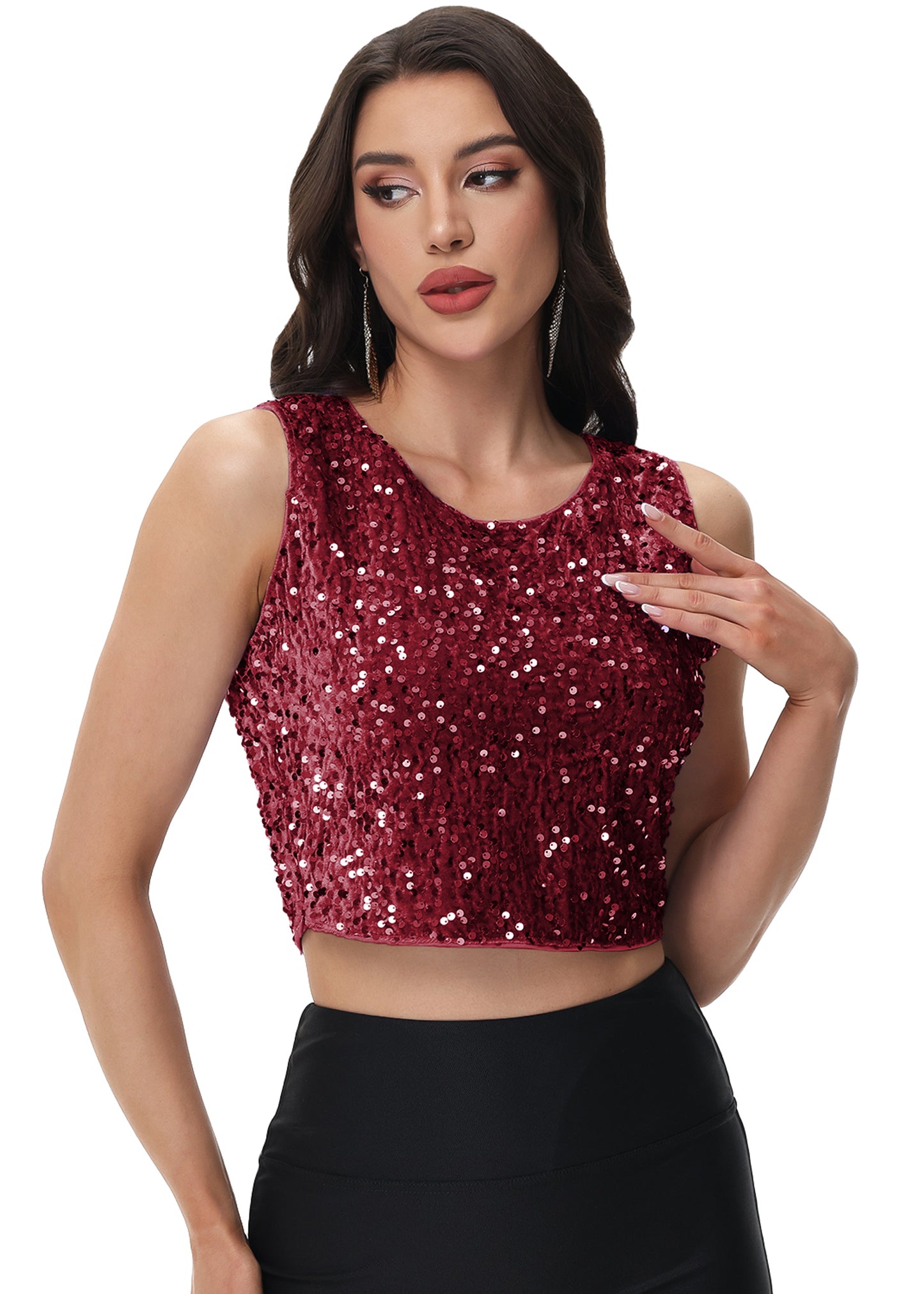 Anna-Kaci Women's Sequin Sleeveless Tops Sparkle Glitter Crew Neck Club Party Nightout Crop Tank Top