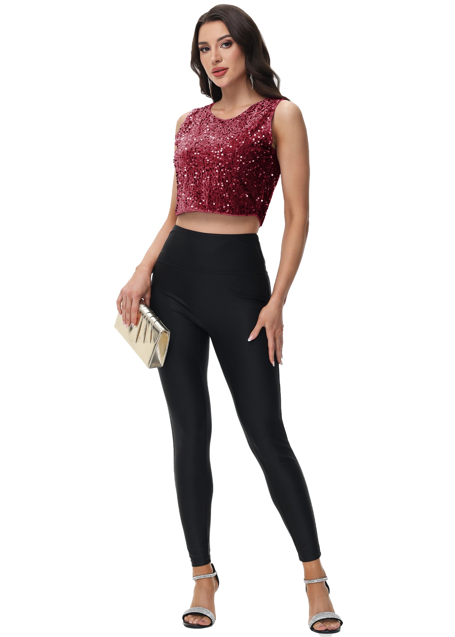 Anna-Kaci Women's Sequin Sleeveless Tops Sparkle Glitter Crew Neck Club Party Nightout Crop Tank Top