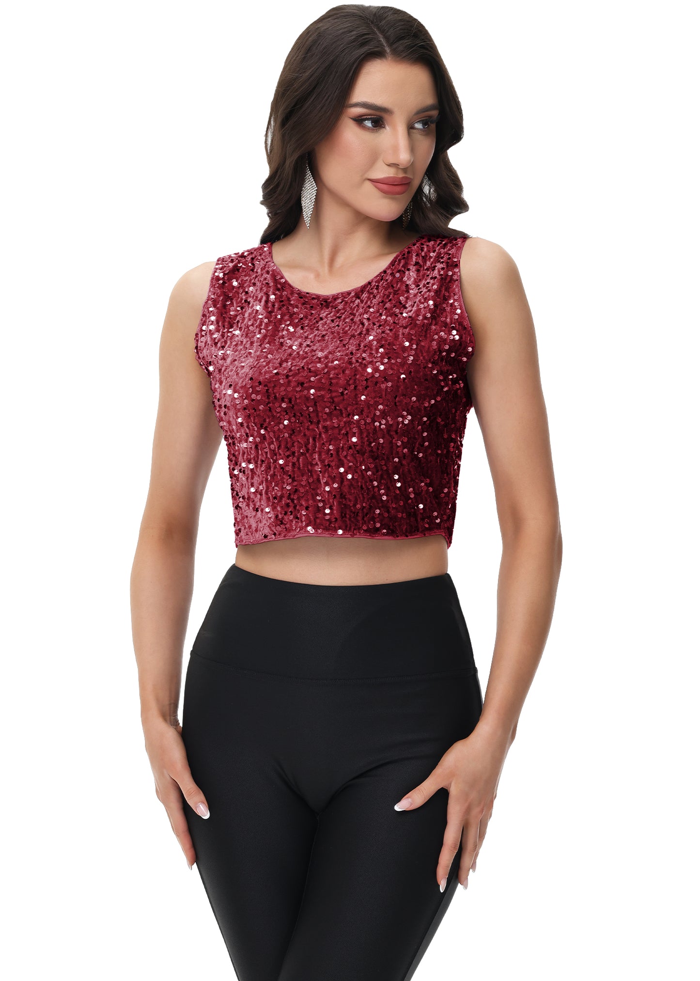 Anna-Kaci Women's Sequin Sleeveless Tops Sparkle Glitter Crew Neck Club Party Nightout Crop Tank Top