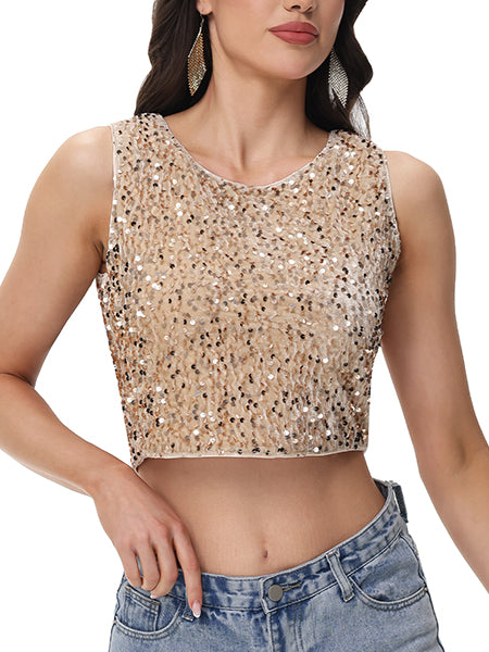 Anna-Kaci Women's Sequin Sleeveless Tops Sparkle Glitter Crew Neck Club Party Nightout Crop Tank Top