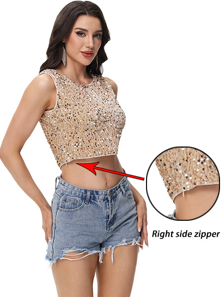 Anna-Kaci Women's Sequin Sleeveless Tops Sparkle Glitter Crew Neck Club Party Nightout Crop Tank Top