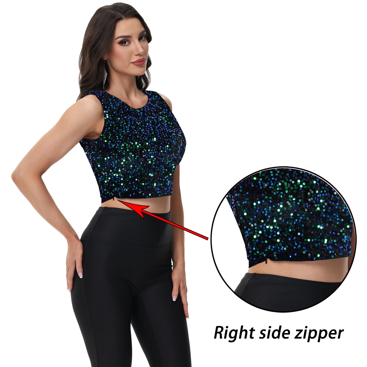 Anna-Kaci Women's Sequin Sleeveless Tops Sparkle Glitter Crew Neck Club Party Nightout Crop Tank Top