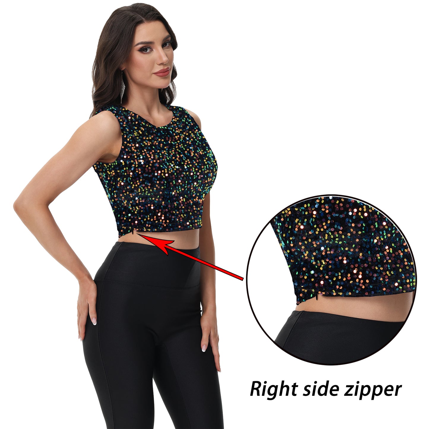 Anna-Kaci Women's Sequin Sleeveless Tops Sparkle Glitter Crew Neck Club Party Nightout Crop Tank Top