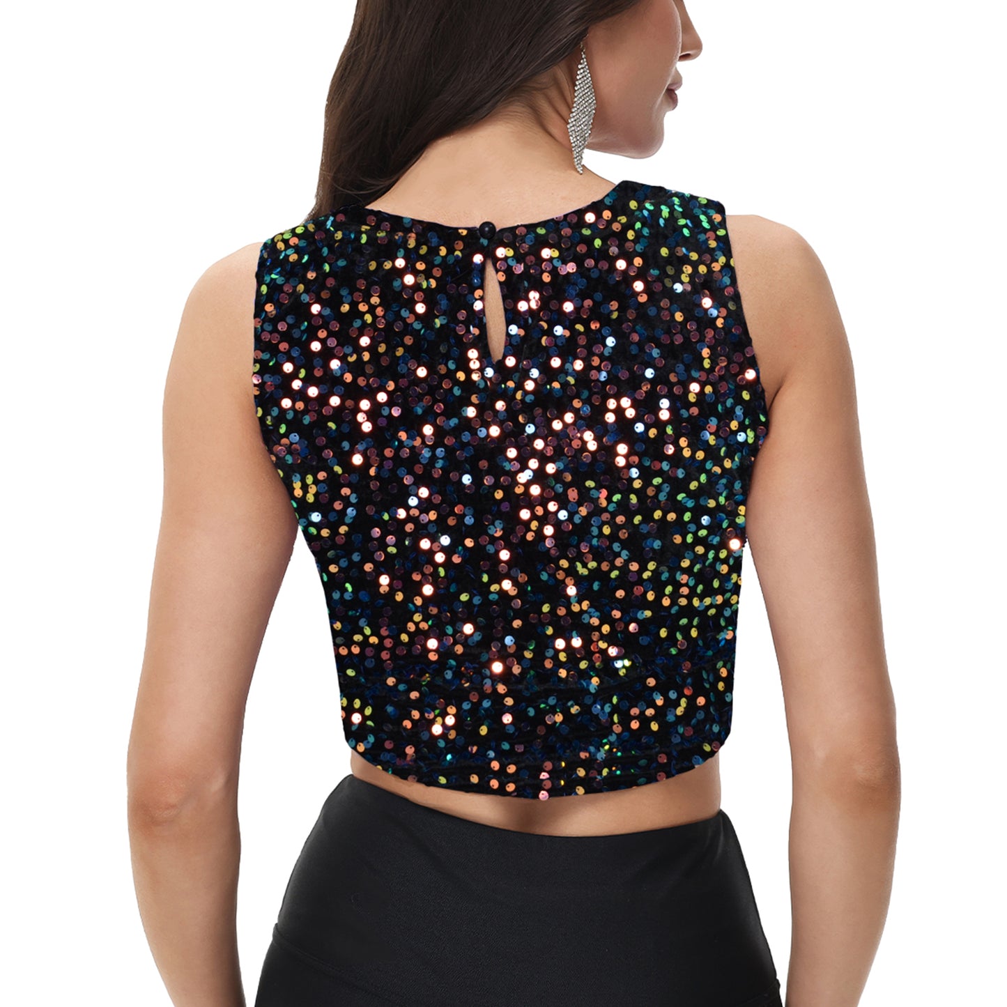 Anna-Kaci Women's Sequin Sleeveless Tops Sparkle Glitter Crew Neck Club Party Nightout Crop Tank Top