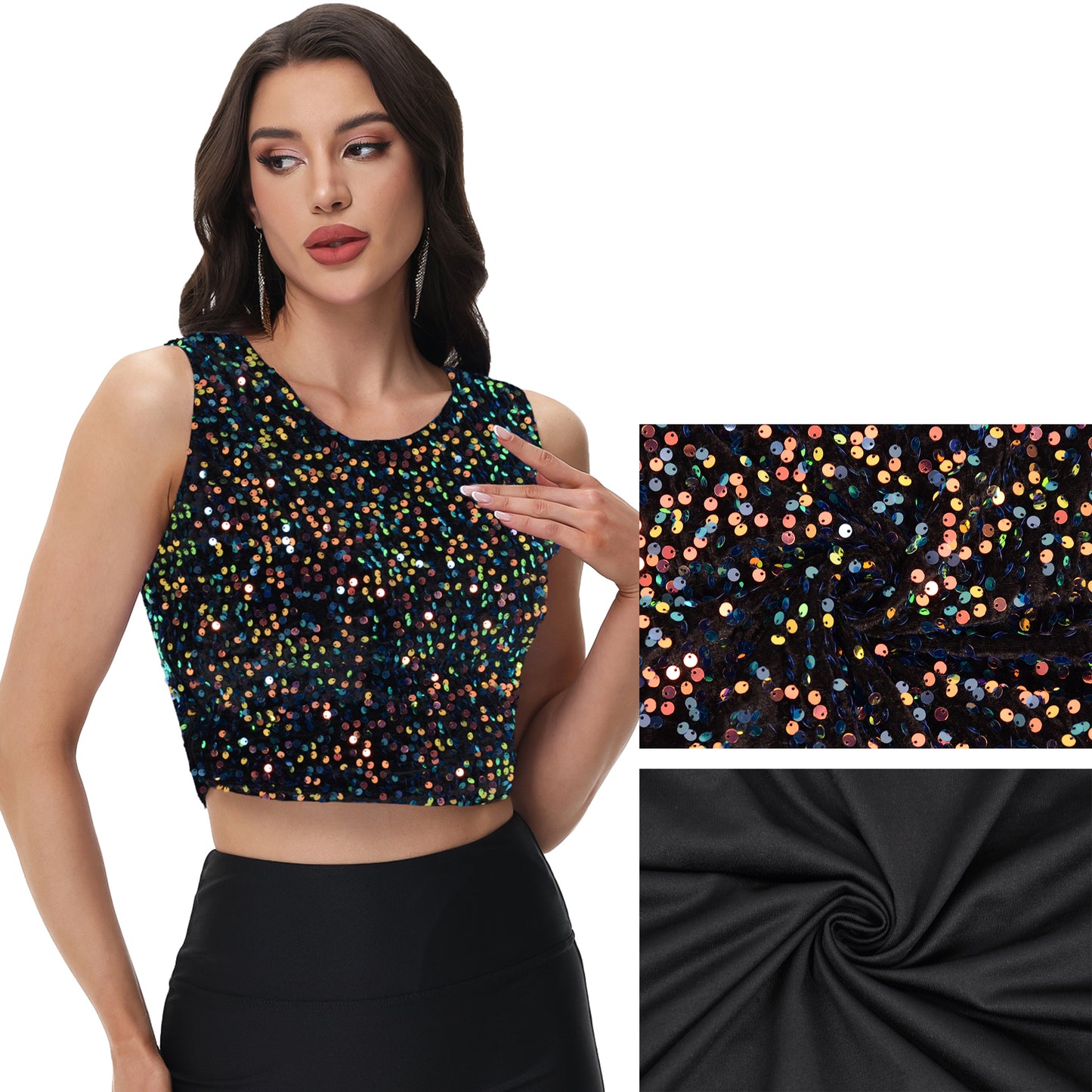 Anna-Kaci Women's Sequin Sleeveless Tops Sparkle Glitter Crew Neck Club Party Nightout Crop Tank Top