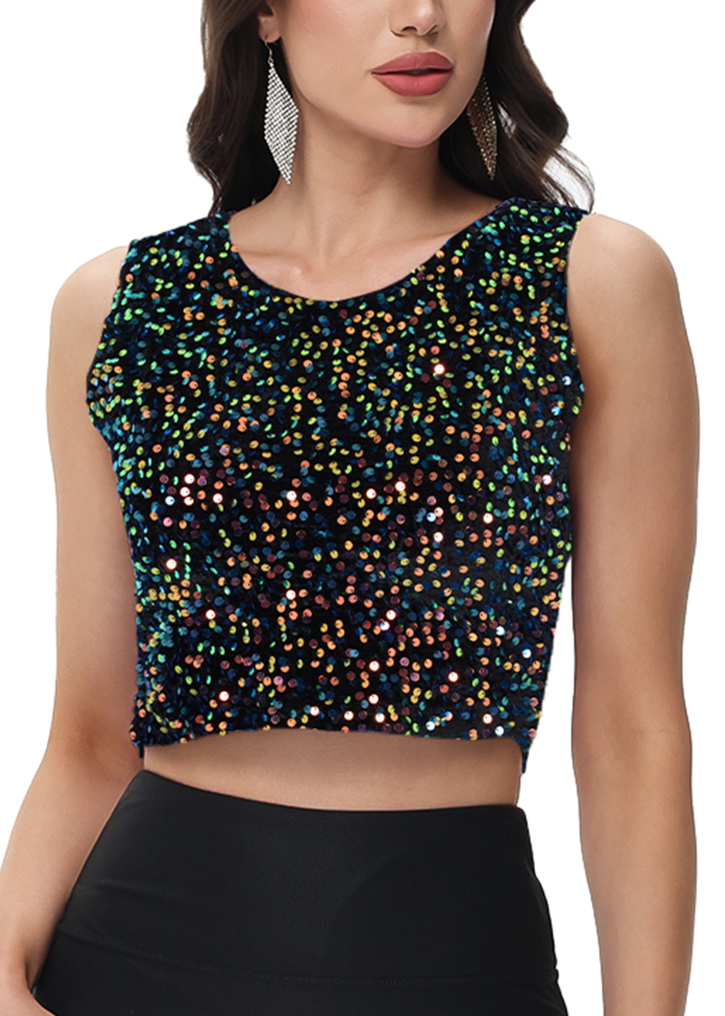 Anna-Kaci Women's Sequin Sleeveless Tops Sparkle Glitter Crew Neck Club Party Nightout Crop Tank Top