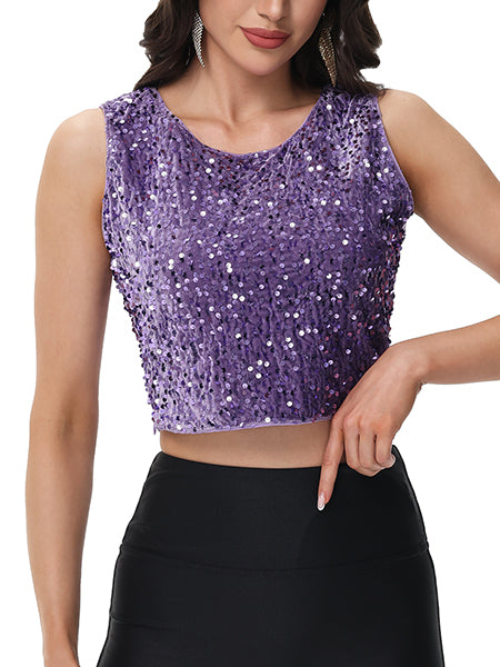 Anna-Kaci Women's Sequin Sleeveless Tops Sparkle Glitter Crew Neck Club Party Nightout Crop Tank Top