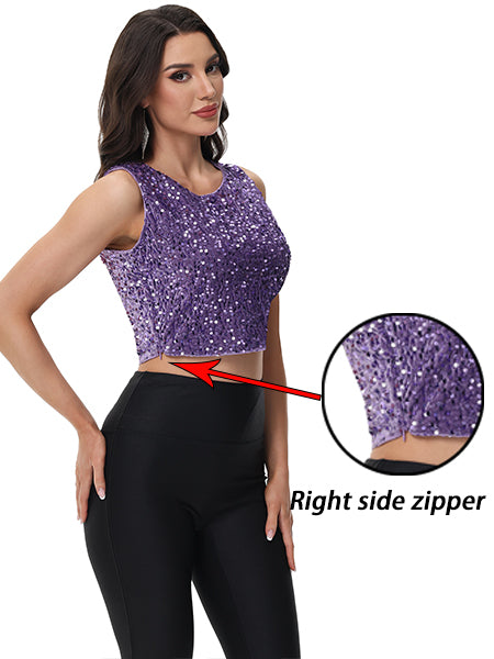 Anna-Kaci Women's Sequin Sleeveless Tops Sparkle Glitter Crew Neck Club Party Nightout Crop Tank Top