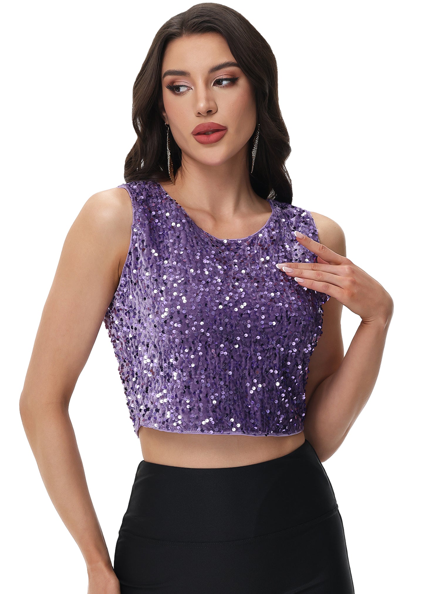 Anna-Kaci Women's Sequin Sleeveless Tops Sparkle Glitter Crew Neck Club Party Nightout Crop Tank Top
