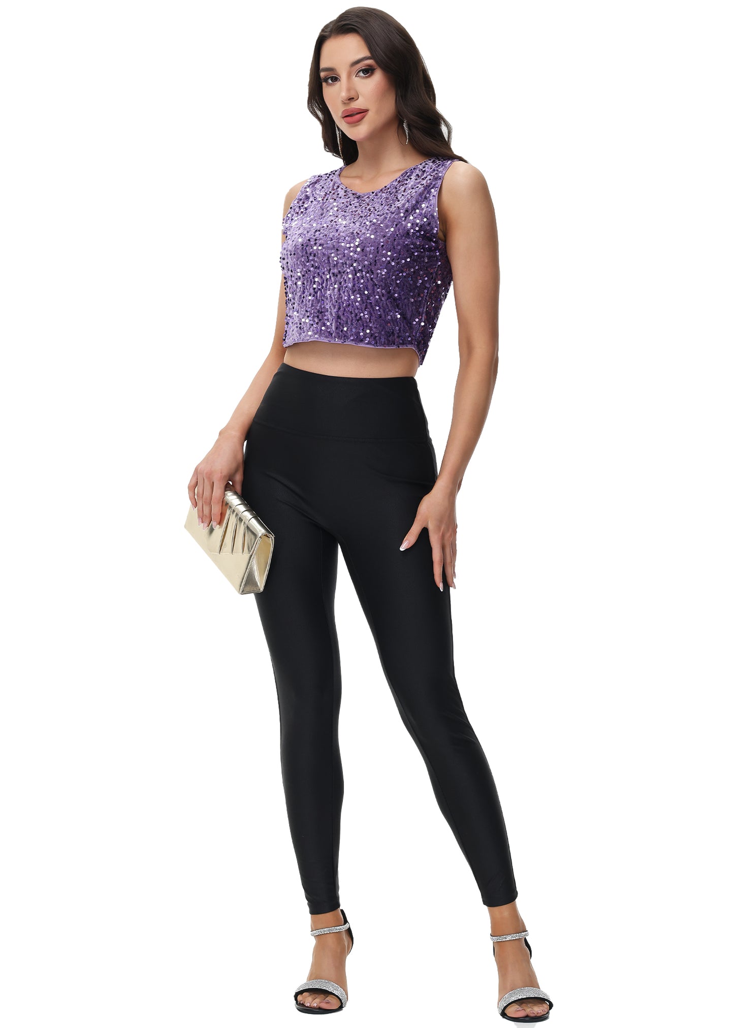 Anna-Kaci Women's Sequin Sleeveless Tops Sparkle Glitter Crew Neck Club Party Nightout Crop Tank Top