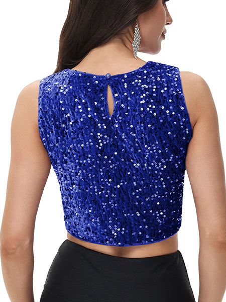 Anna-Kaci Women's Sequin Sleeveless Tops Sparkle Glitter Crew Neck Club Party Nightout Crop Tank Top