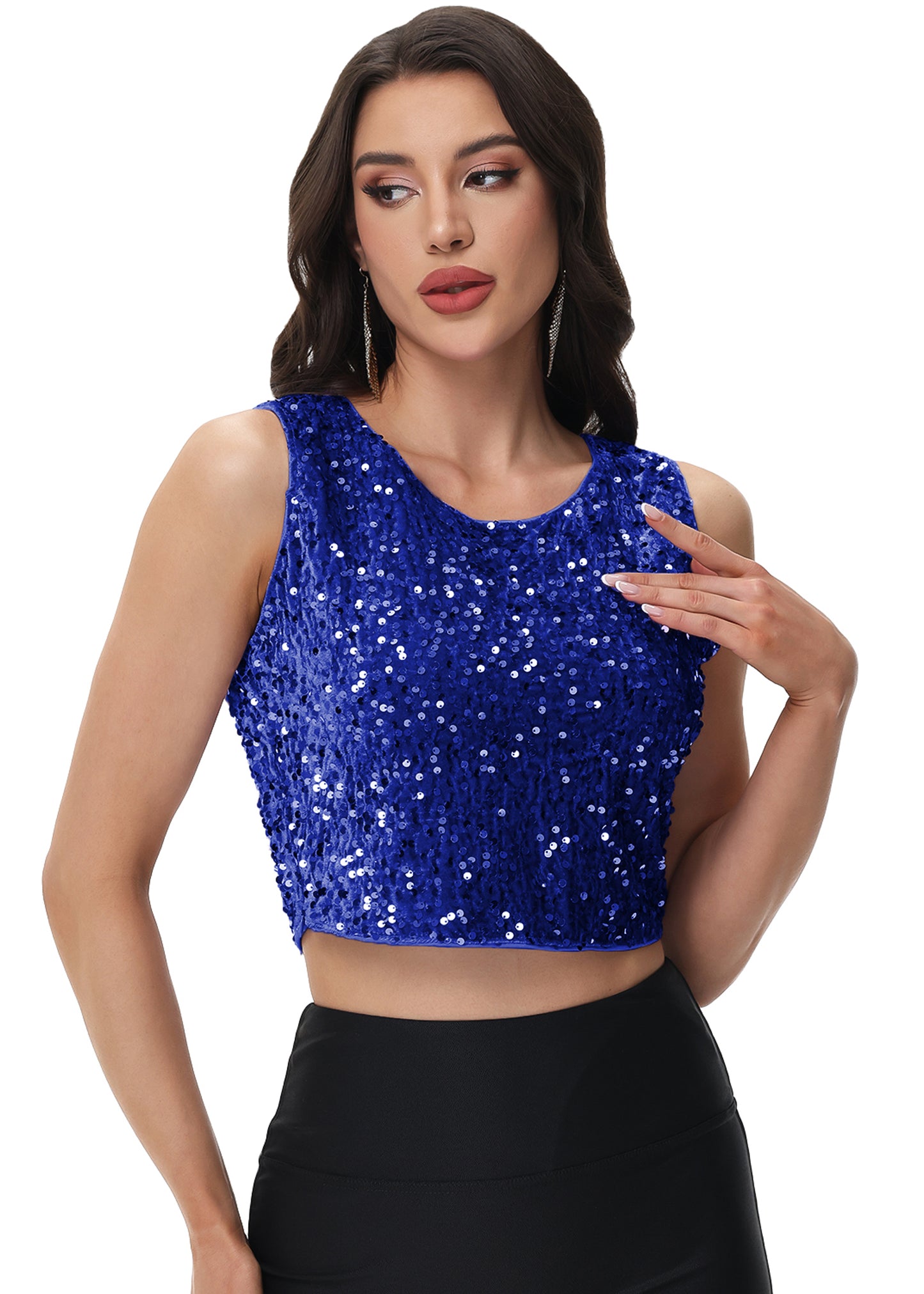 Anna-Kaci Women's Sequin Sleeveless Tops Sparkle Glitter Crew Neck Club Party Nightout Crop Tank Top