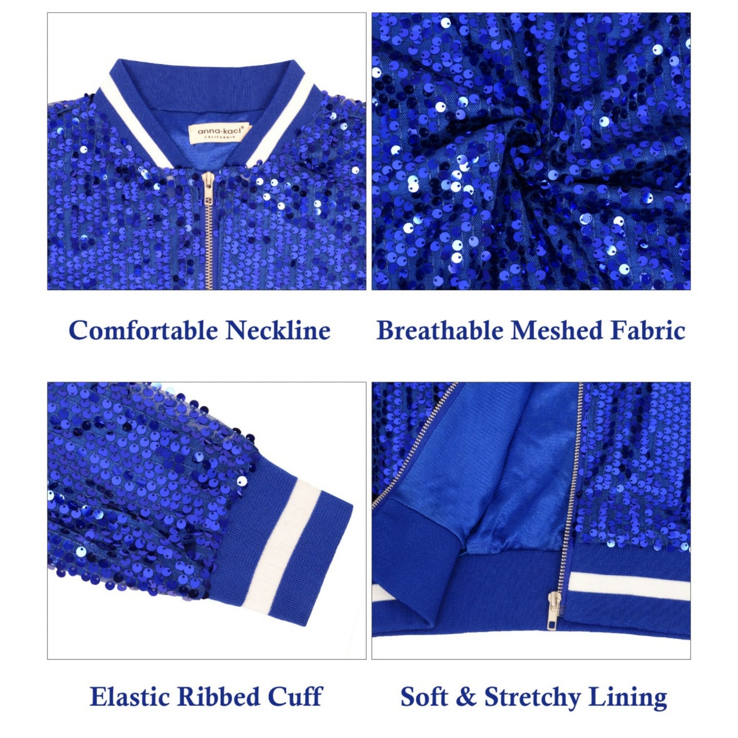 Anna-Kaci Women's Sequin Bomber Jacket with Ribbed Trim and Front Zipper Closure