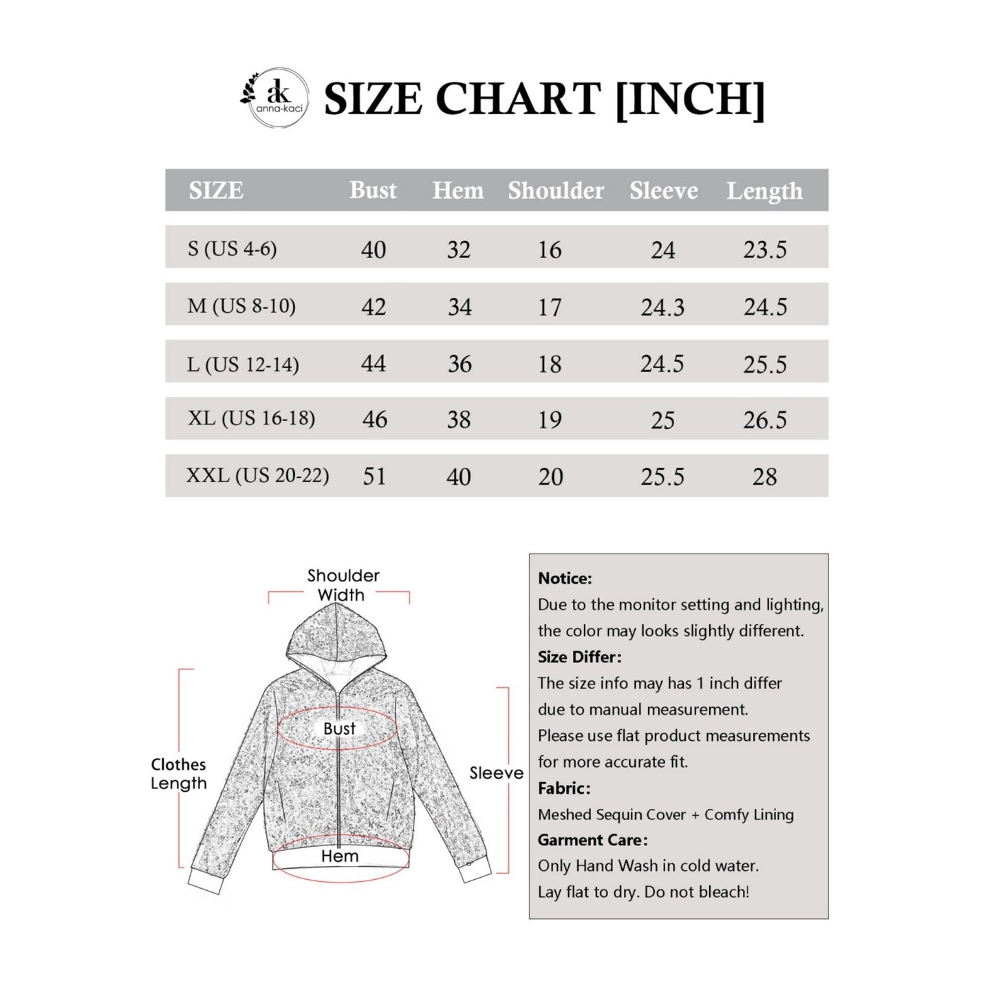 Anna-Kaci Women's Hooded Sequin Jacket with Front Zipper Closure and Ribbed Trim