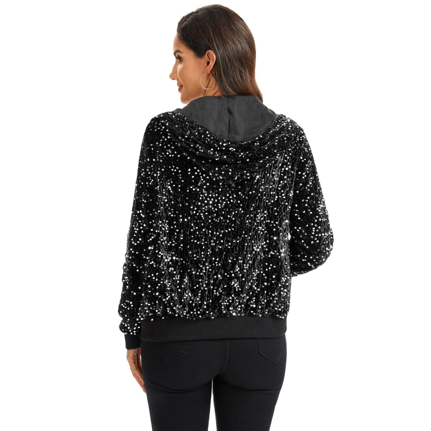 Anna-Kaci Women's Hooded Sequin Jacket with Front Zipper Closure and Ribbed Trim