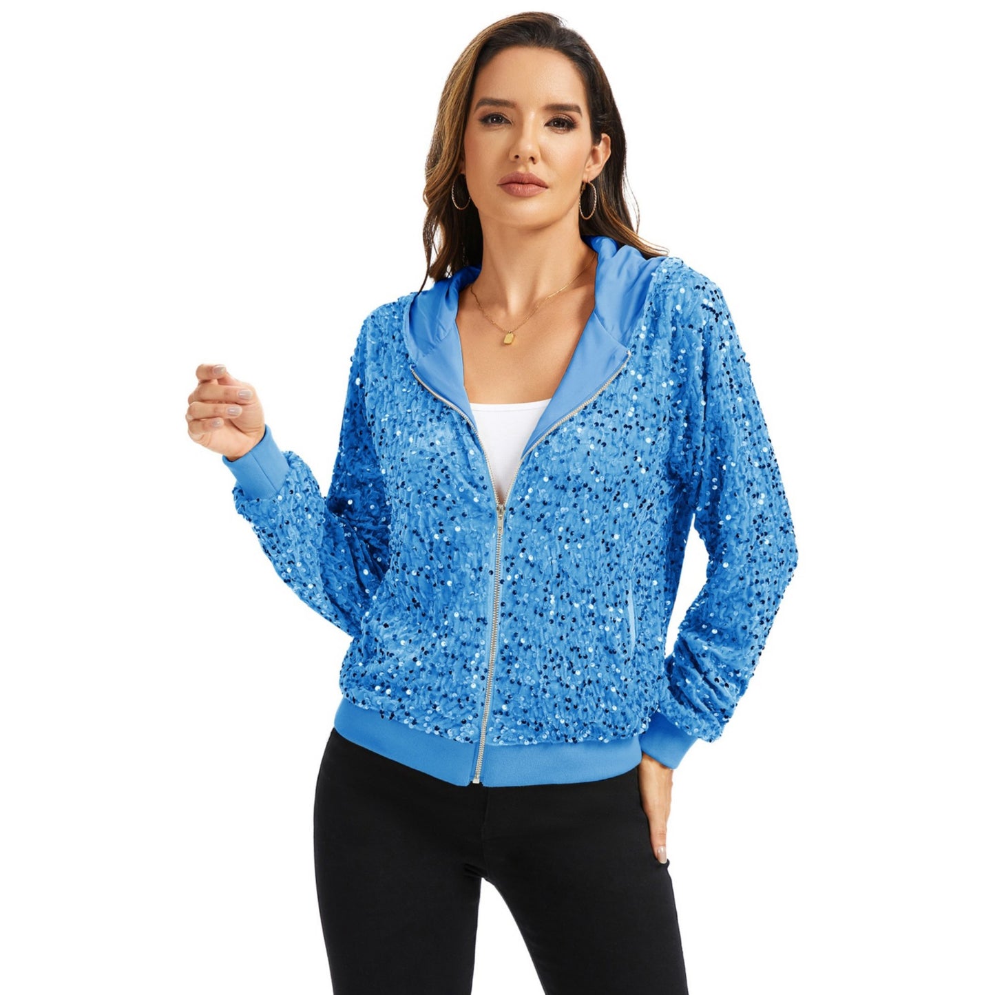 Anna-Kaci Women's Hooded Sequin Jacket with Front Zipper Closure and Ribbed Trim