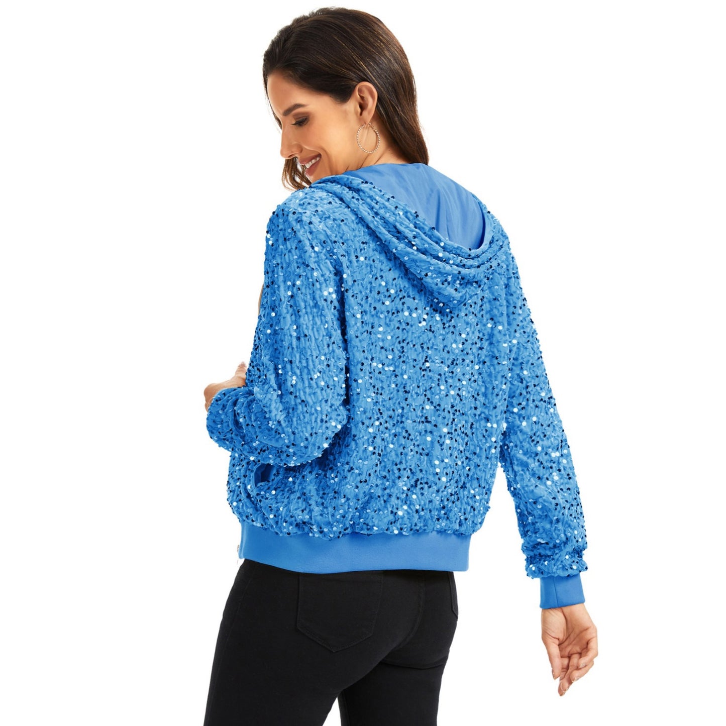 Anna-Kaci Women's Hooded Sequin Jacket with Front Zipper Closure and Ribbed Trim