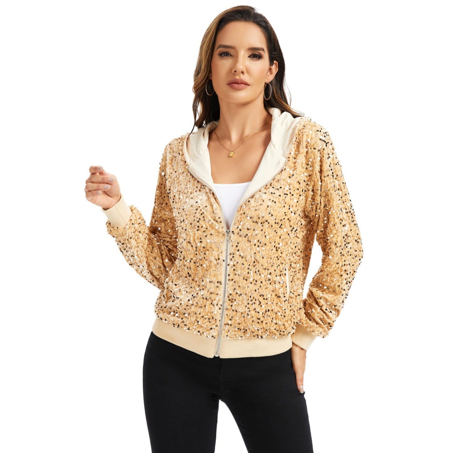 Anna-Kaci Women's Hooded Sequin Jacket with Front Zipper Closure and Ribbed Trim