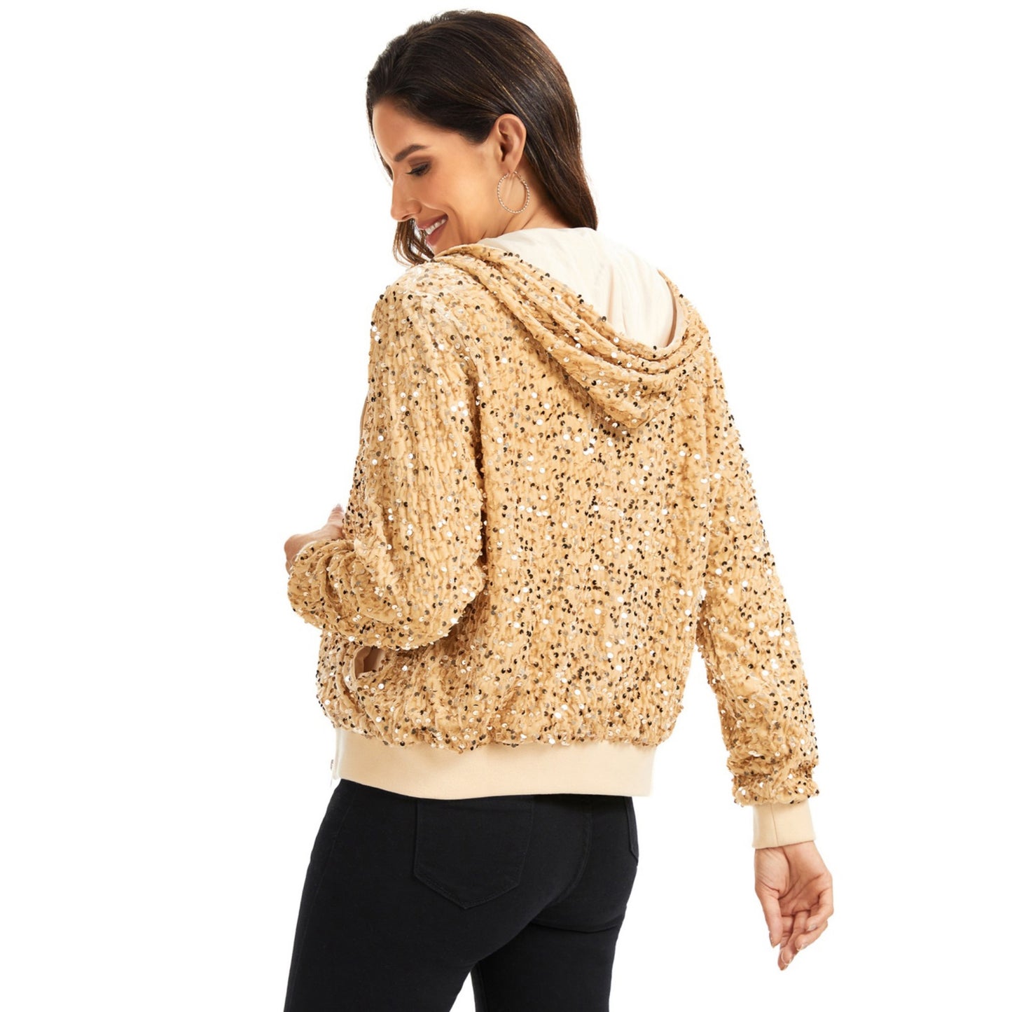 Anna-Kaci Women's Hooded Sequin Jacket with Front Zipper Closure and Ribbed Trim