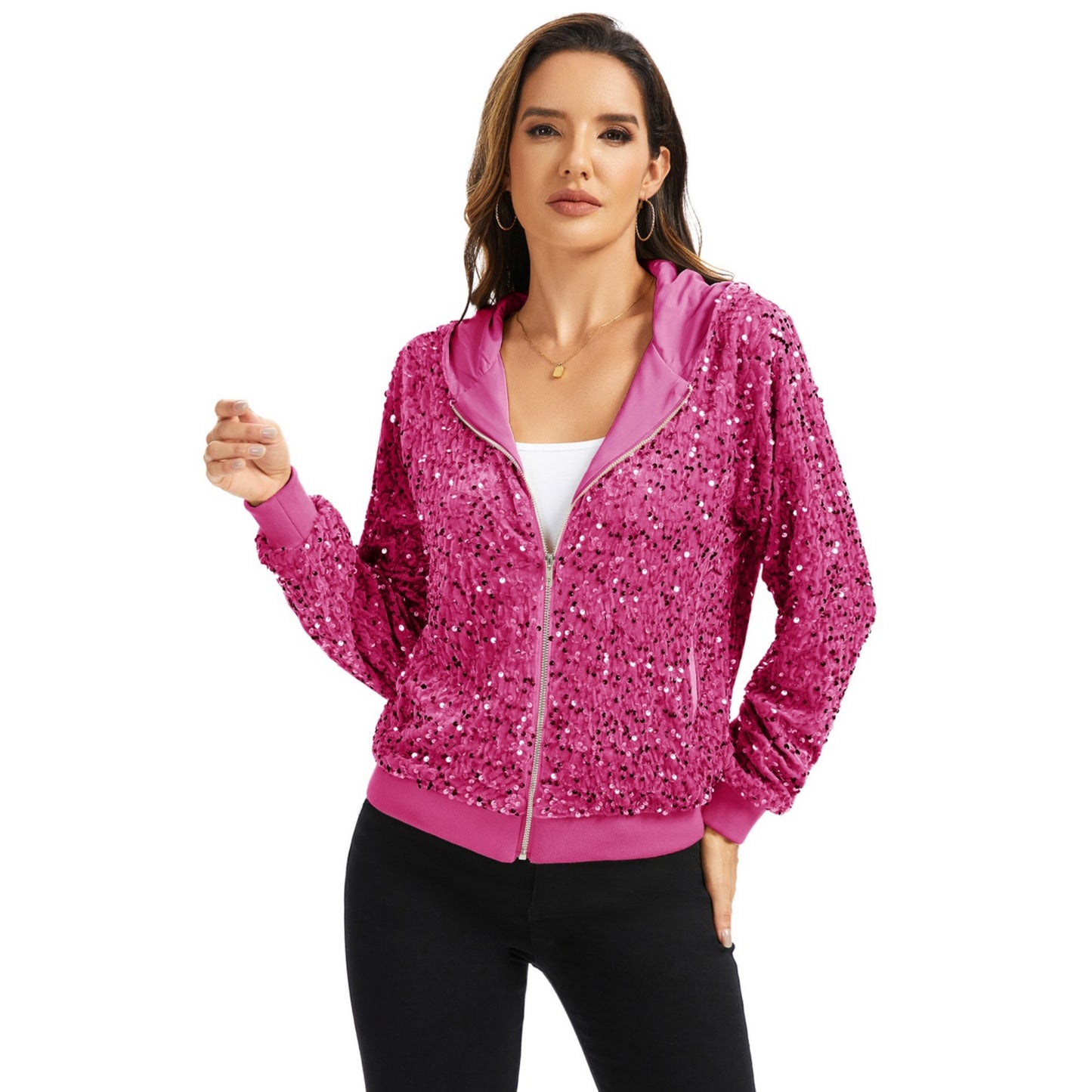 Anna-Kaci Women's Hooded Sequin Jacket with Front Zipper Closure and Ribbed Trim