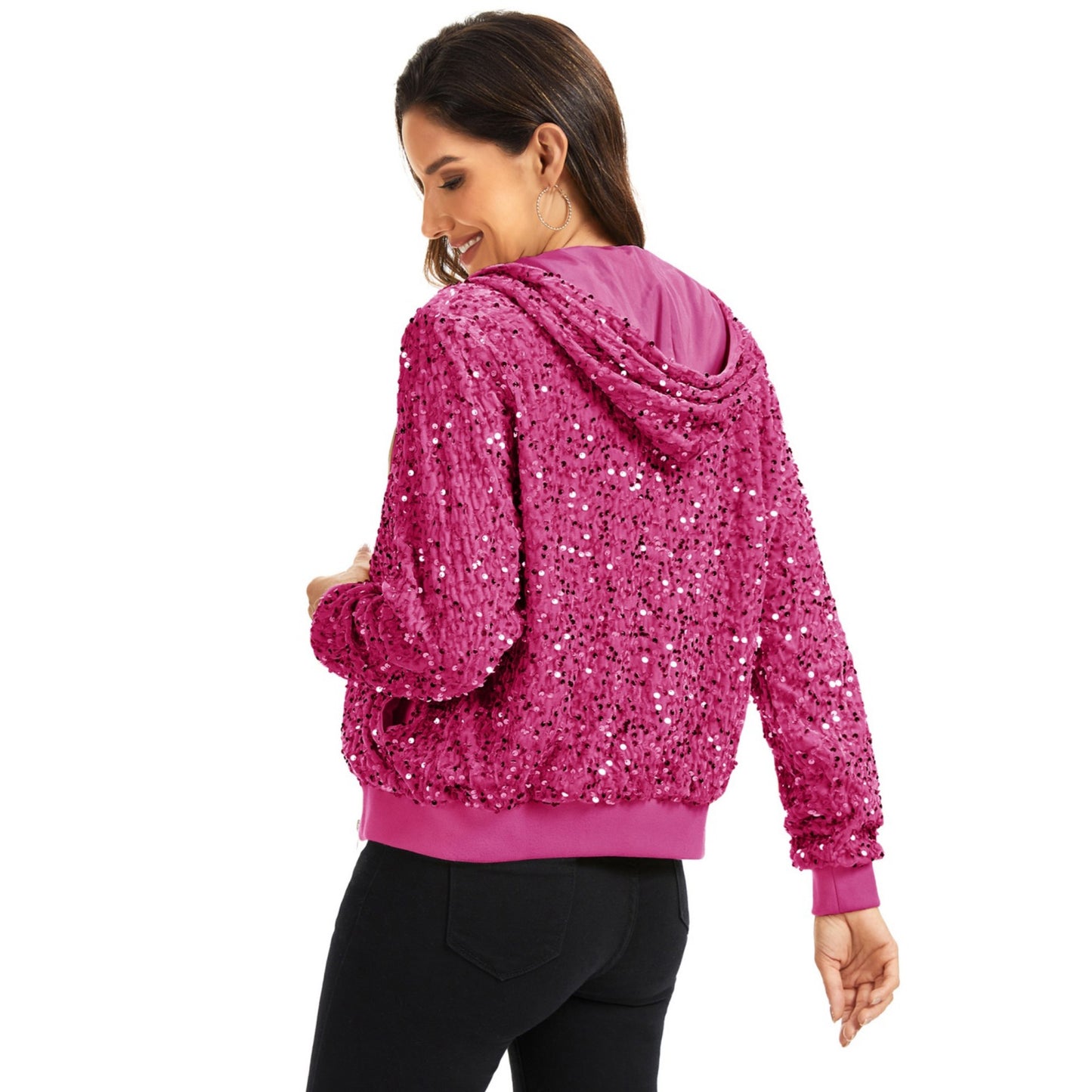 Anna-Kaci Women's Hooded Sequin Jacket with Front Zipper Closure and Ribbed Trim