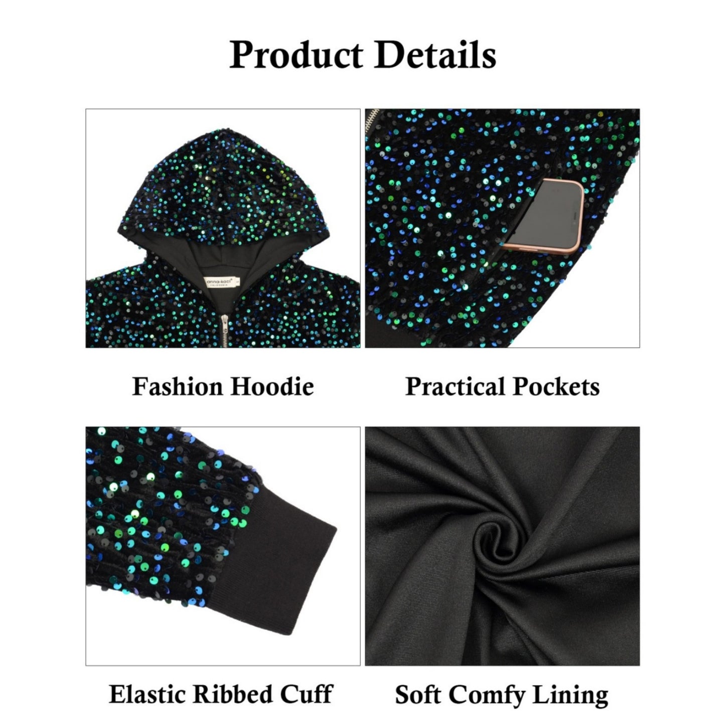 Anna-Kaci Women's Hooded Sequin Jacket with Front Zipper Closure and Ribbed Trim