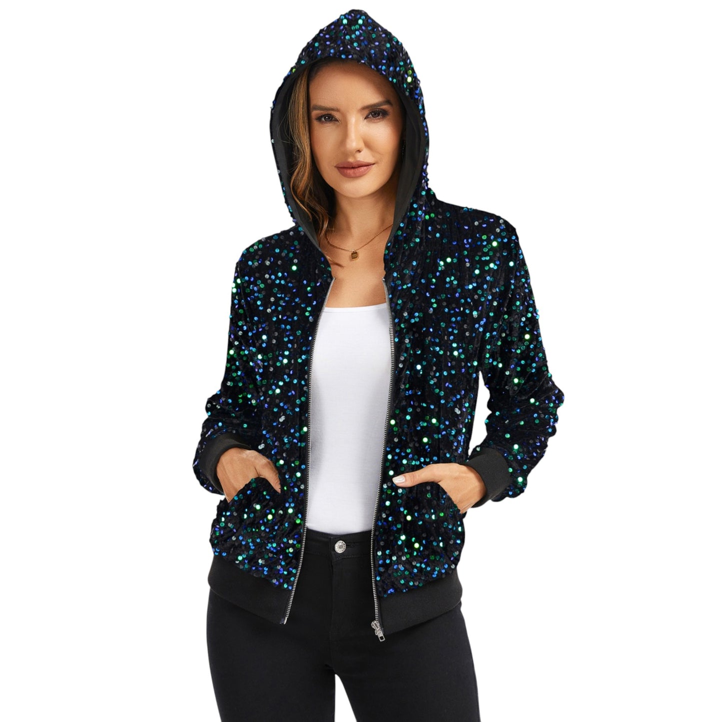 Anna-Kaci Women's Hooded Sequin Jacket with Front Zipper Closure and Ribbed Trim