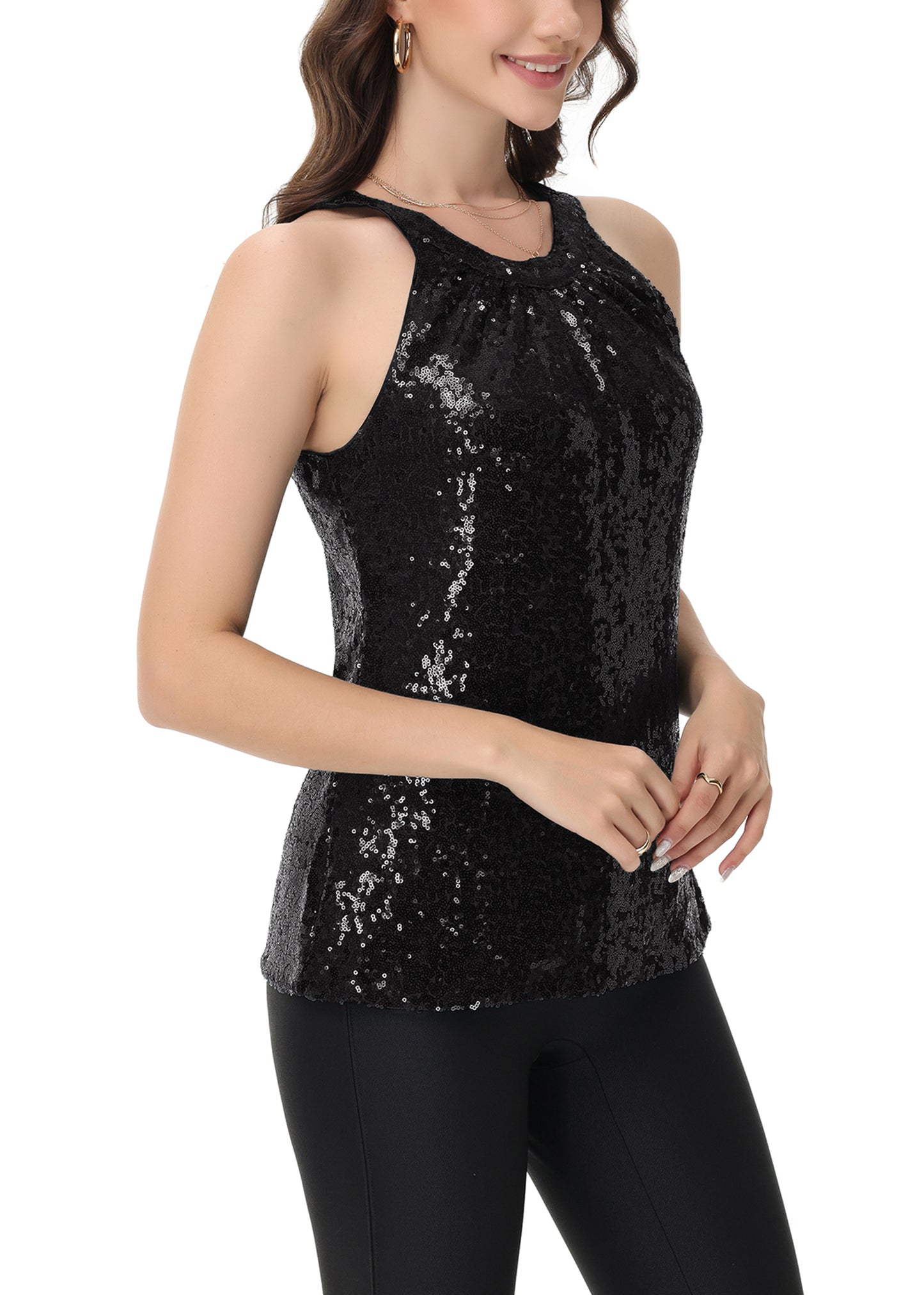 Anna-Kaci Women's Sparkly Sequin Halter Tank Tops Sleeveless Shirt Club Outfits