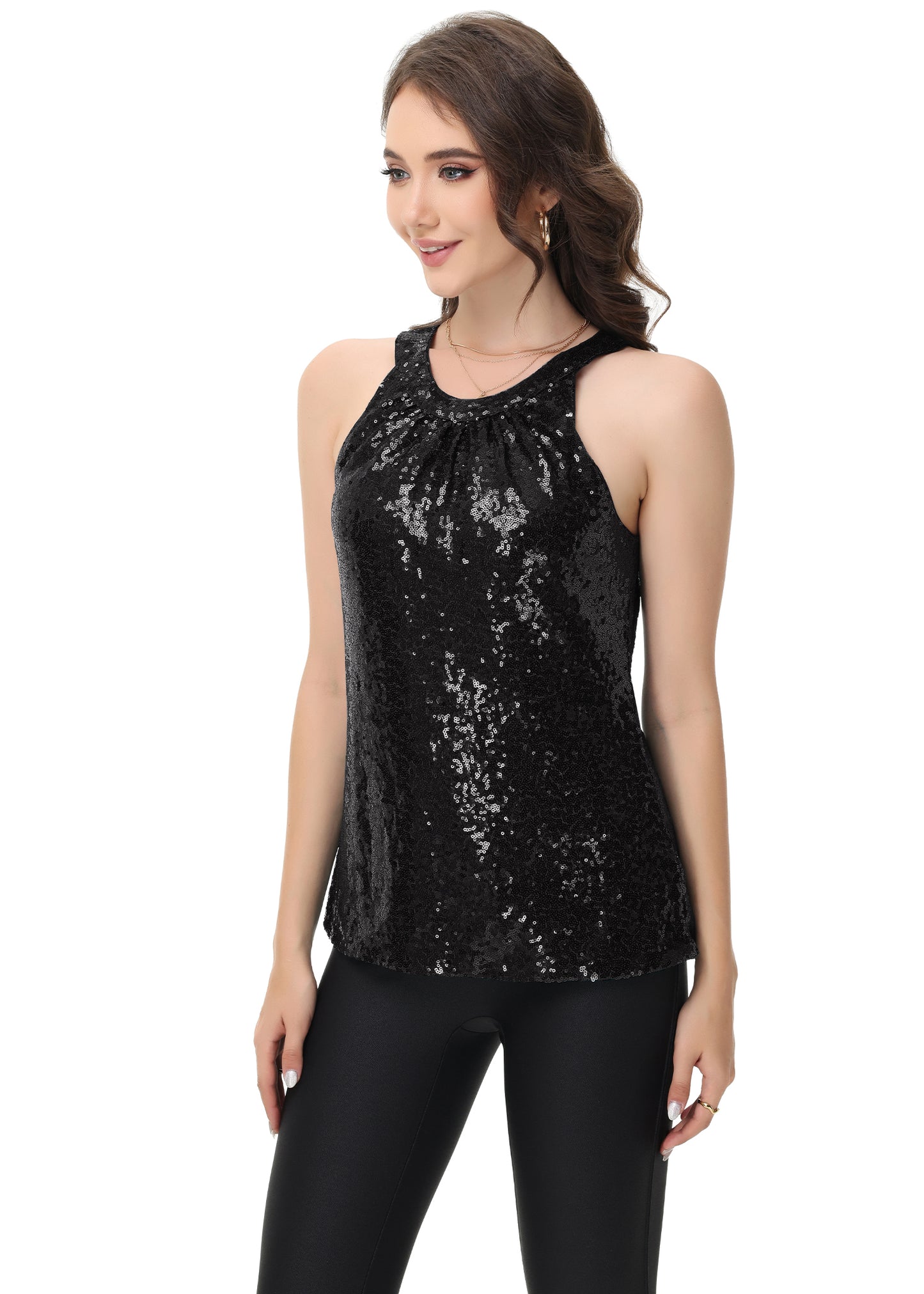 Anna-Kaci Women's Sparkly Sequin Halter Tank Tops Sleeveless Shirt Club Outfits
