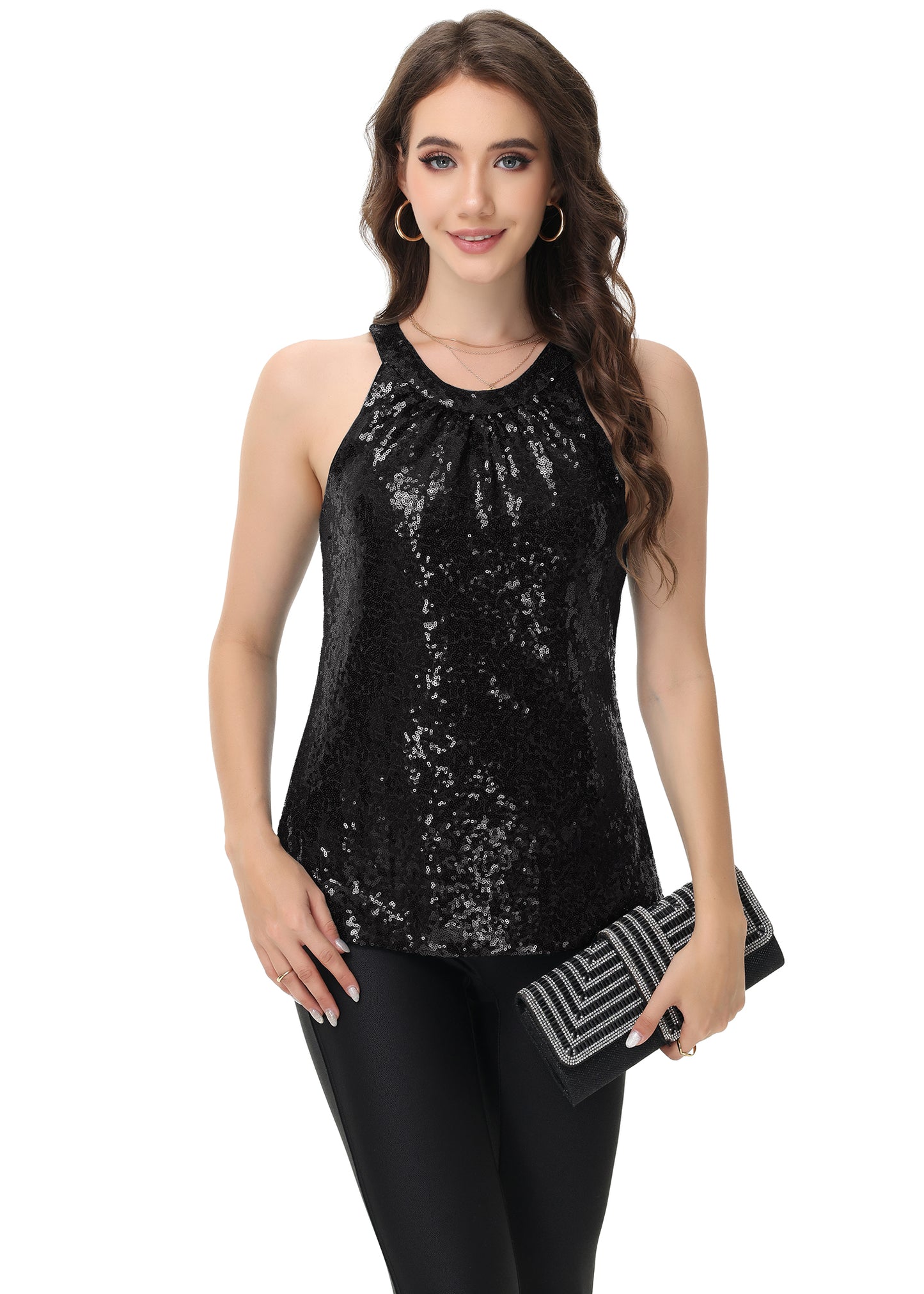 Anna-Kaci Women's Sparkly Sequin Halter Tank Tops Sleeveless Shirt Club Outfits