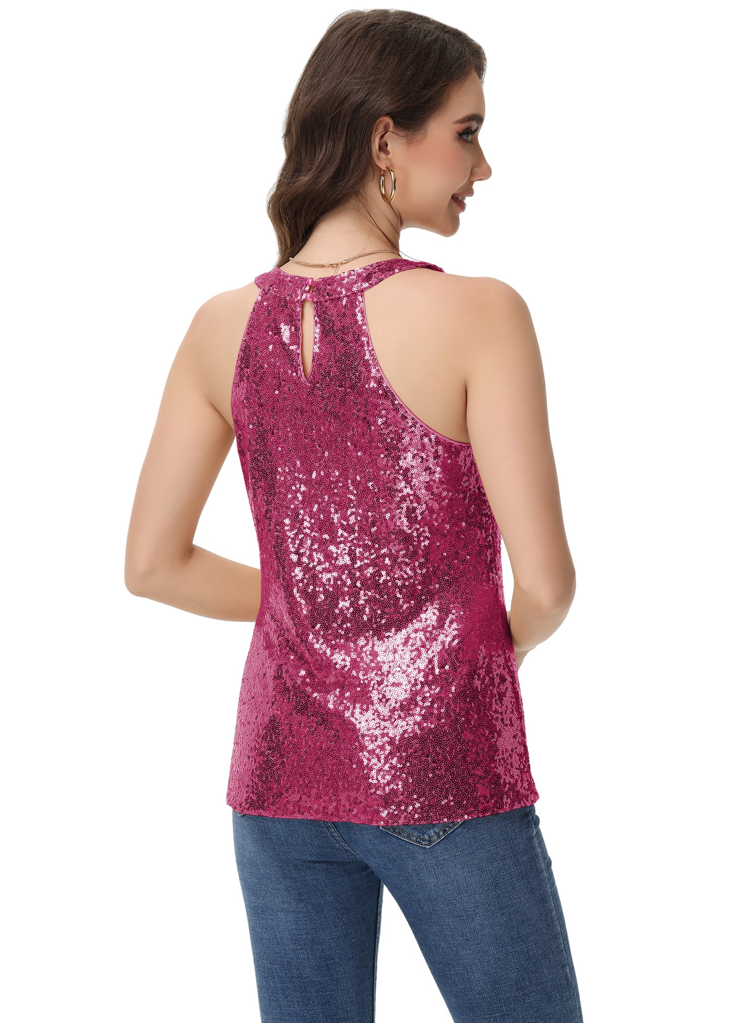 Anna-Kaci Women's Sparkly Sequin Halter Tank Tops Sleeveless Shirt Club Outfits