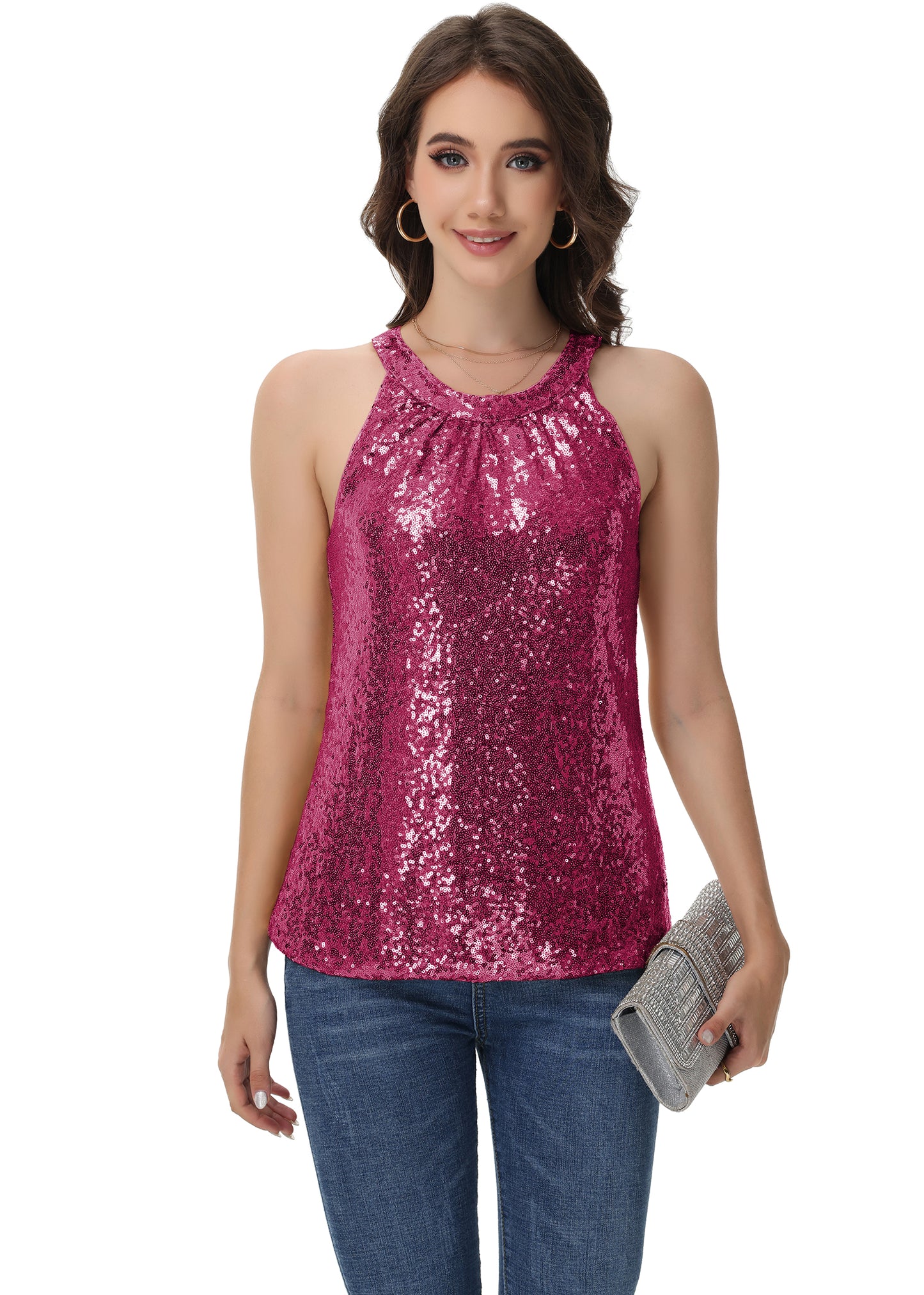 Anna-Kaci Women's Sparkly Sequin Halter Tank Tops Sleeveless Shirt Club Outfits