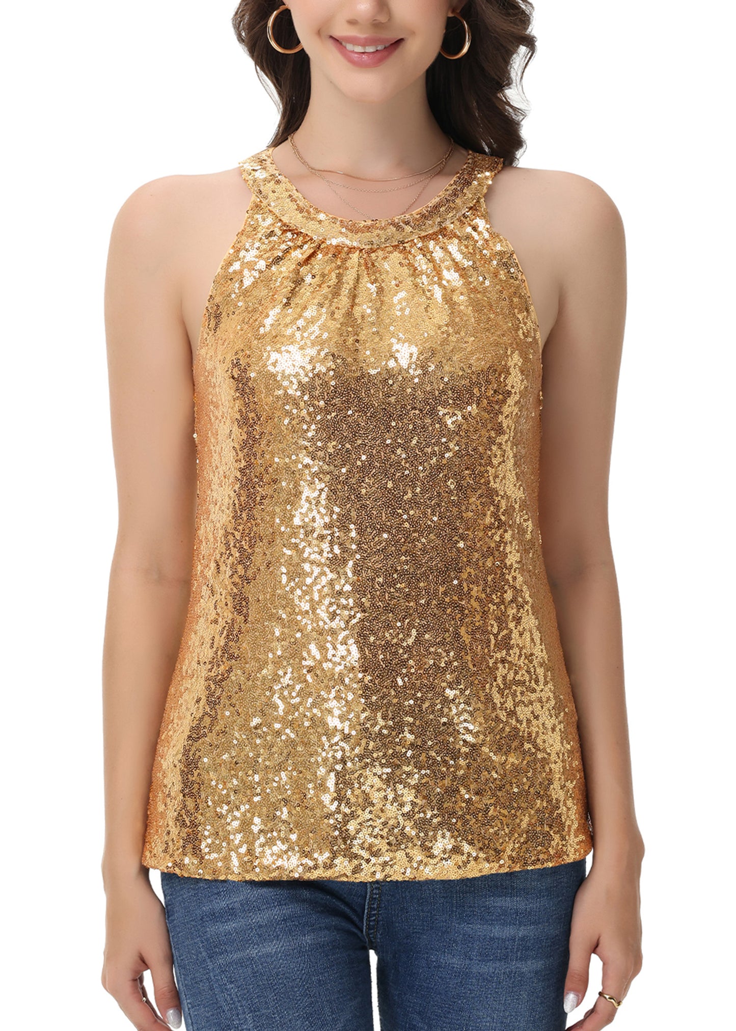 Anna-Kaci Women's Sparkly Sequin Halter Tank Tops Sleeveless Shirt Club Outfits