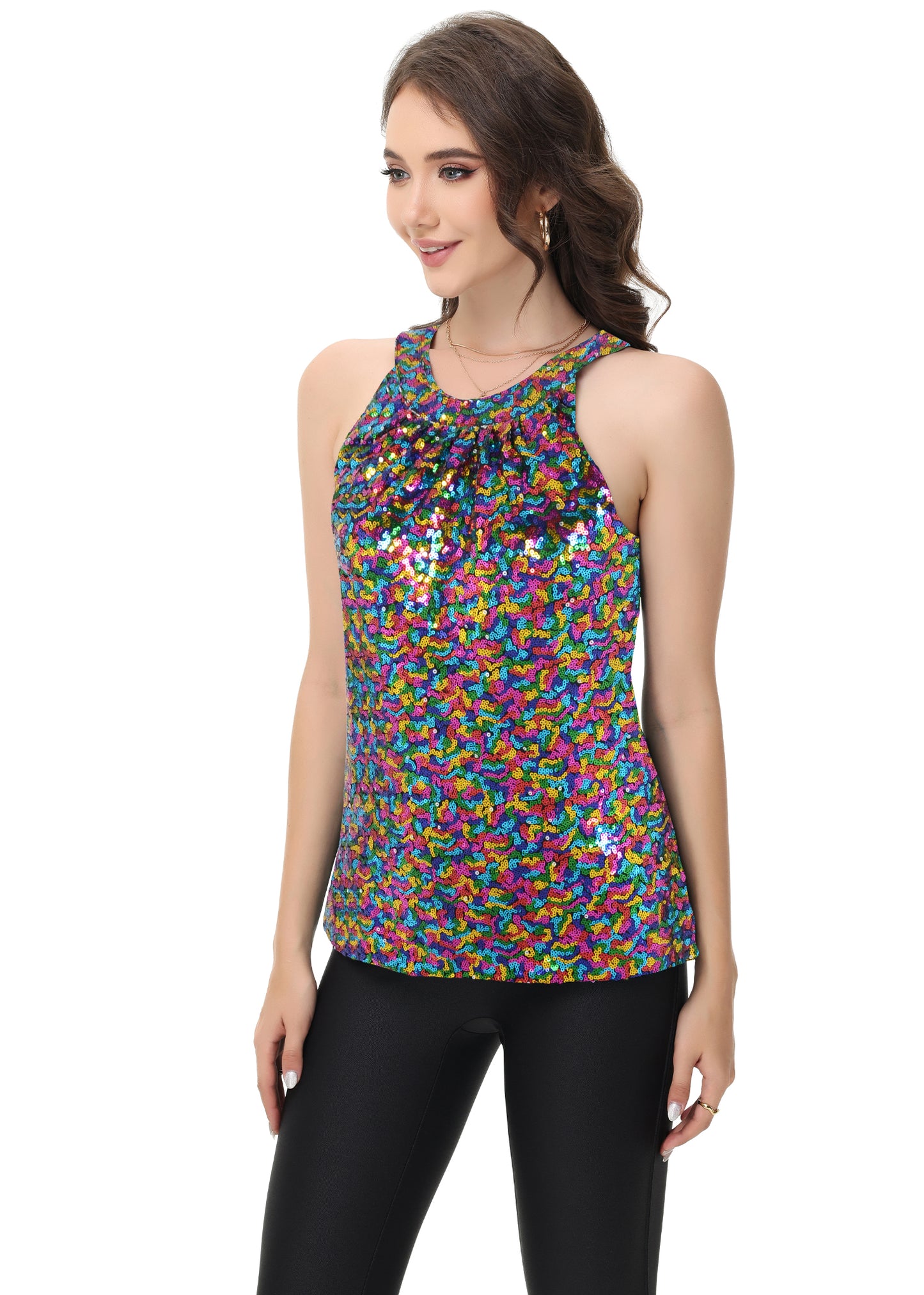 Anna-Kaci Women's Sparkly Sequin Halter Tank Tops Sleeveless Shirt Club Outfits