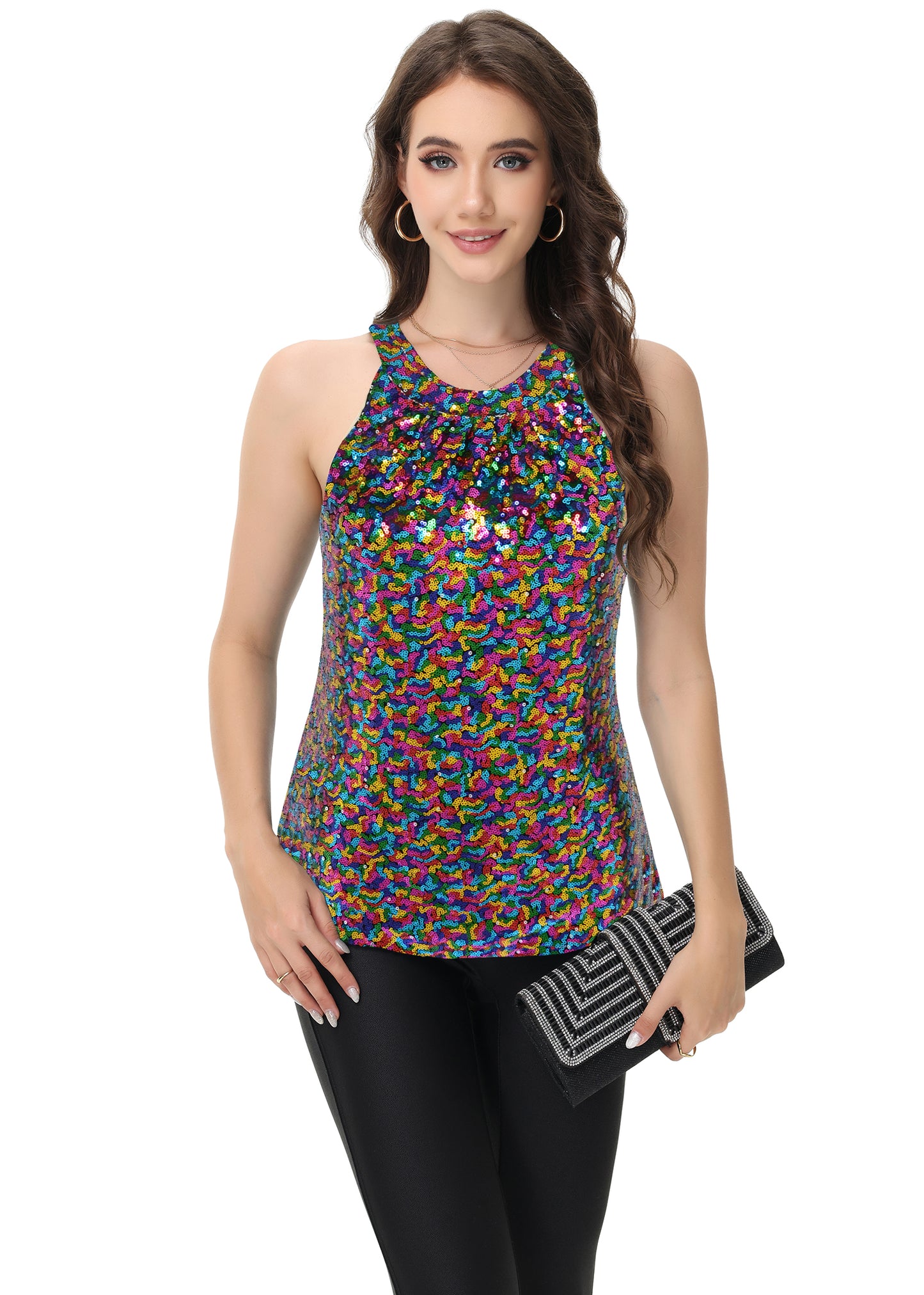 Anna-Kaci Women's Sparkly Sequin Halter Tank Tops Sleeveless Shirt Club Outfits