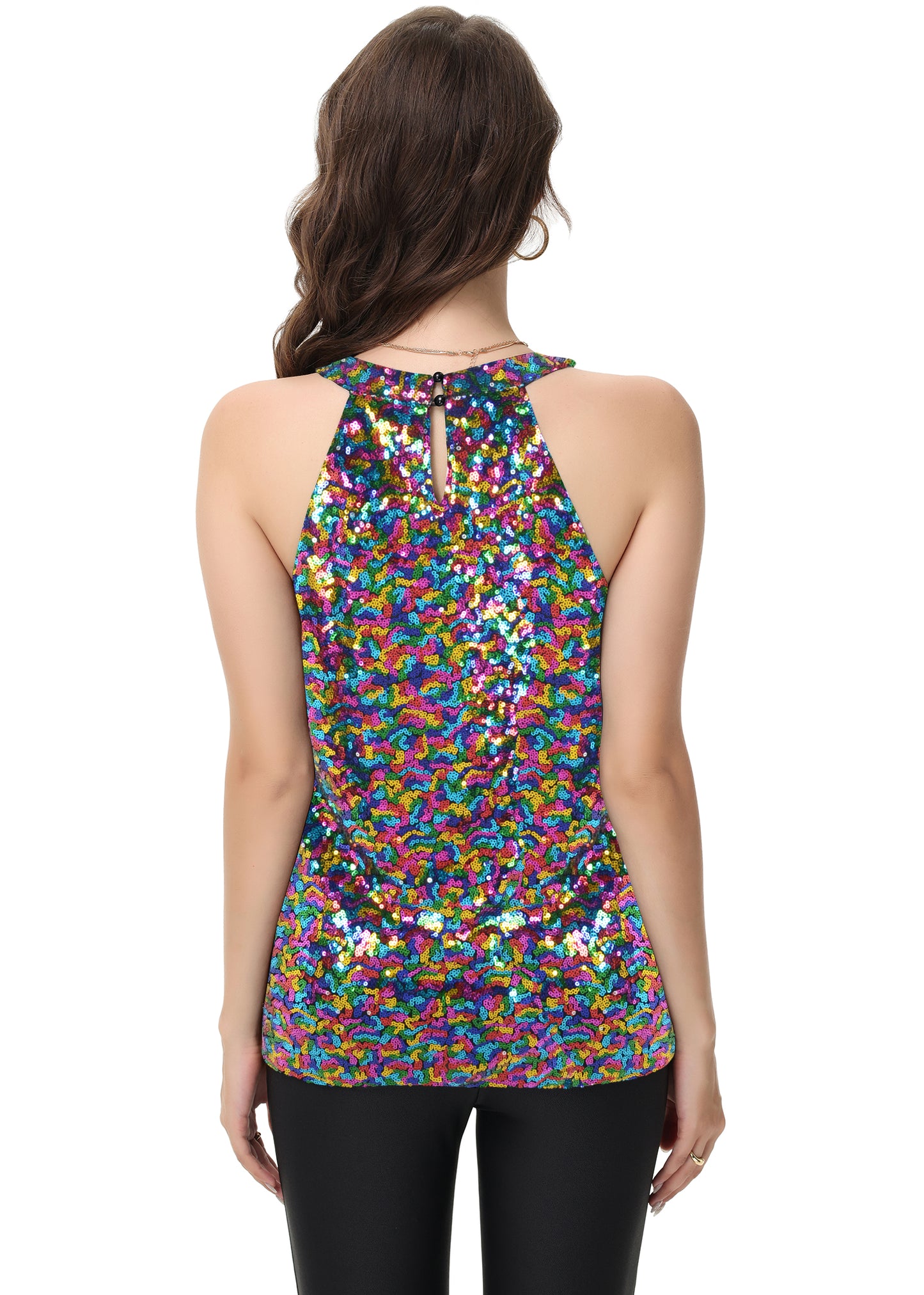 Anna-Kaci Women's Sparkly Sequin Halter Tank Tops Sleeveless Shirt Club Outfits