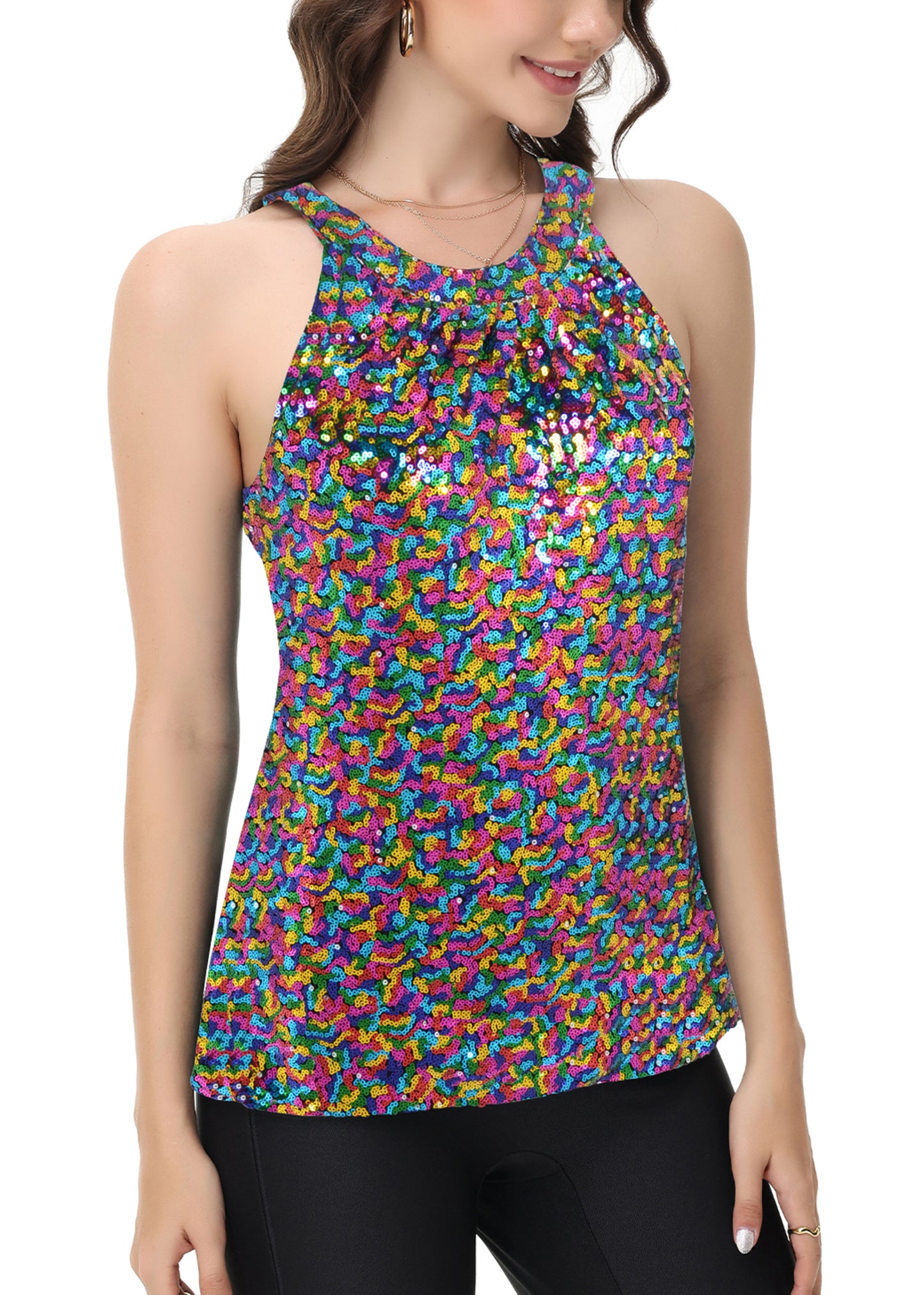 Anna-Kaci Women's Sparkly Sequin Halter Tank Tops Sleeveless Shirt Club Outfits