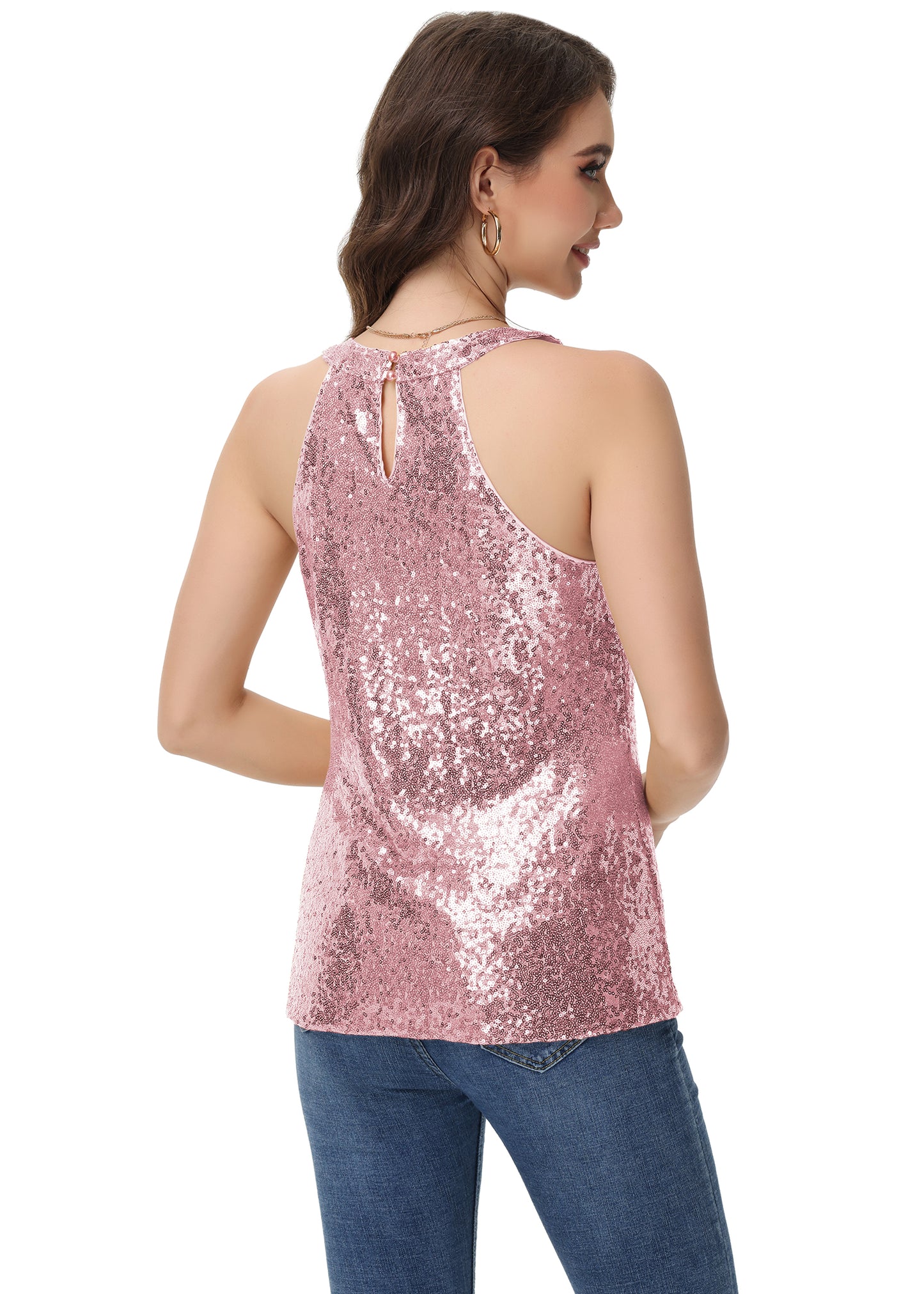 Anna-Kaci Women's Sparkly Sequin Halter Tank Tops Sleeveless Shirt Club Outfits