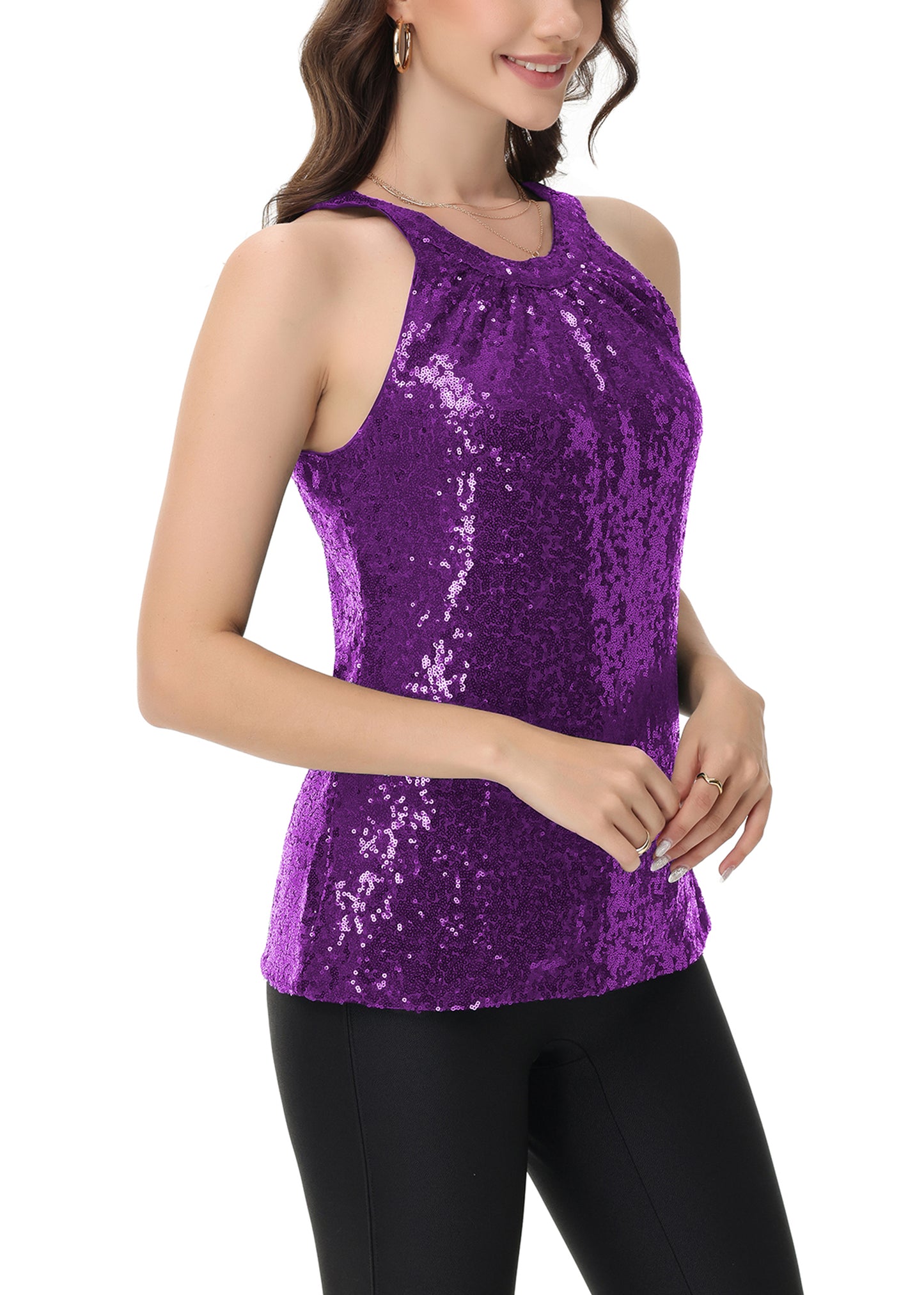 Anna-Kaci Women's Sparkly Sequin Halter Tank Tops Sleeveless Shirt Club Outfits